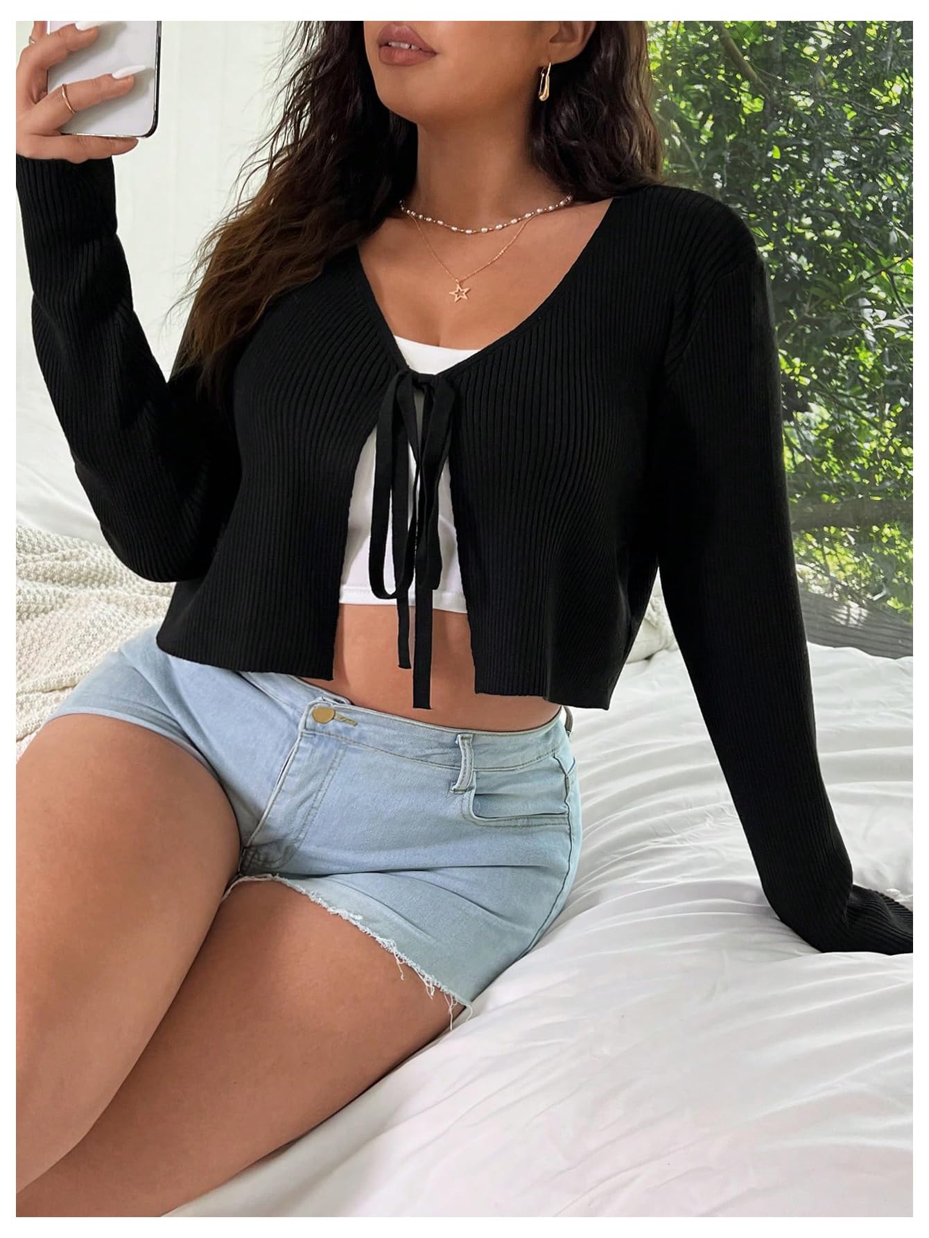 Floerns Women's Tie Front Long Sleeve Rib Knit Shrug Sweaters Cardigan Crop Top