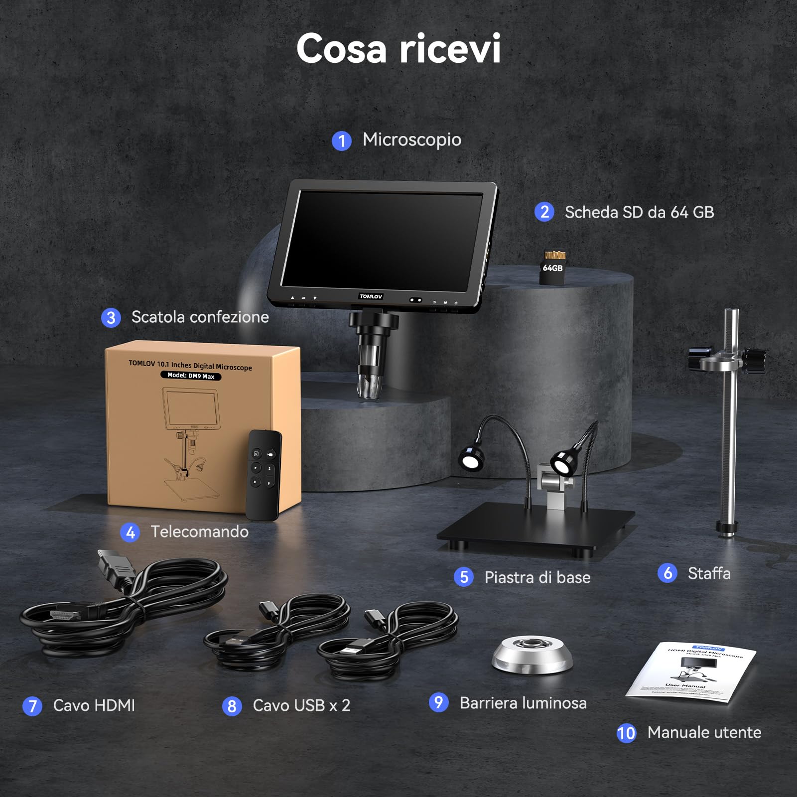 TOMLOV DM9 Max Microscopio Digitale da 10,1 Pollici, 20MP Lente d'ingrandimento per Monete/Saldatura con Schermo IPS HD, Regalo per Adulti, con 10 Luci LED Regolabili, Compatibile PC/TV