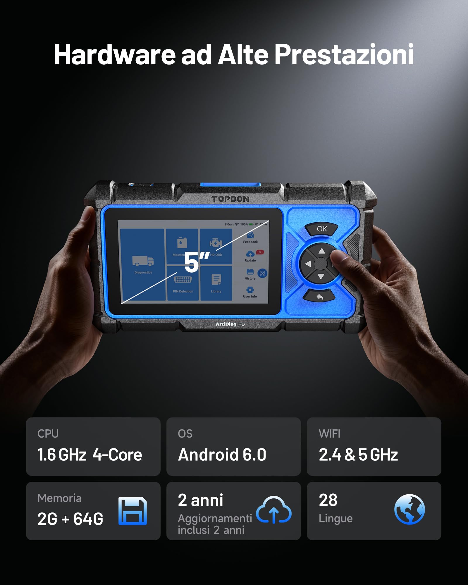 TOPDON ArtiDiag HD Scanner diagnostico camion, Strumento di Diagnostica per camion pesanti & Strumento di Scansione Diesel, 10 Servizi tra cui Rigenerazione DPF, Limitatore di Velocità, OBD/EOBD HD