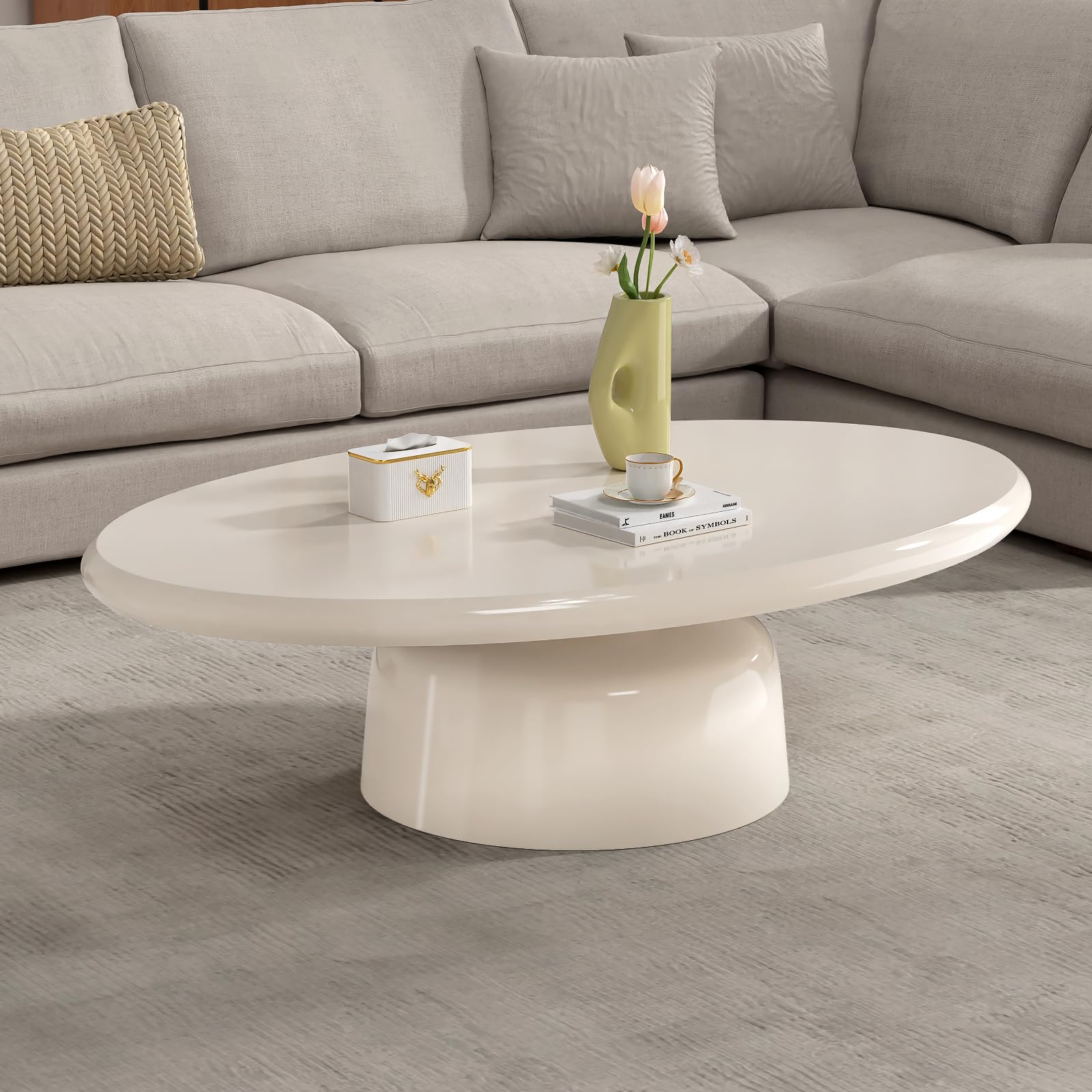 Table Basse Ovale Blanche en Forme De Tambour Moderne de Salon 45,7 Pouces