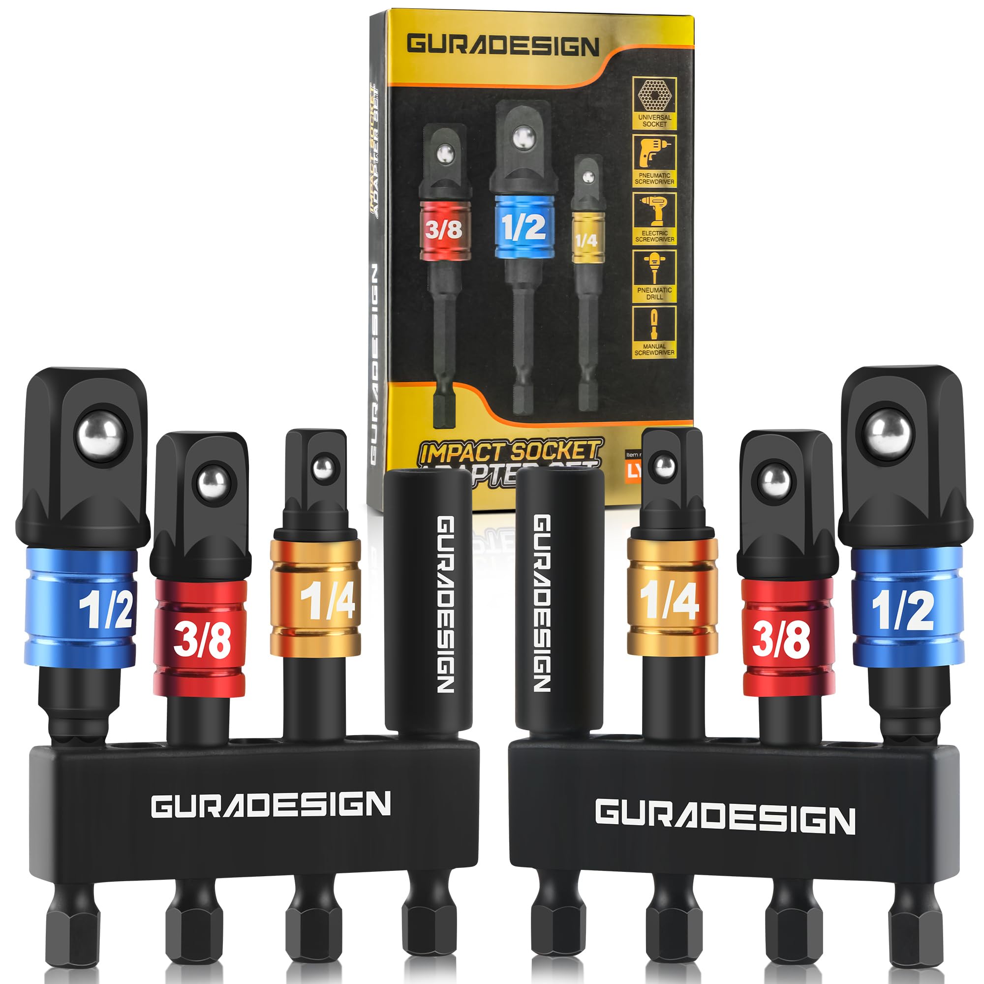 8-Piece Impact Socket Adapter Set for Drill, 1/4" 3/8" 1/2" Hex Shank Impact Driver Socket Adapter, Socket to Drill Adapter