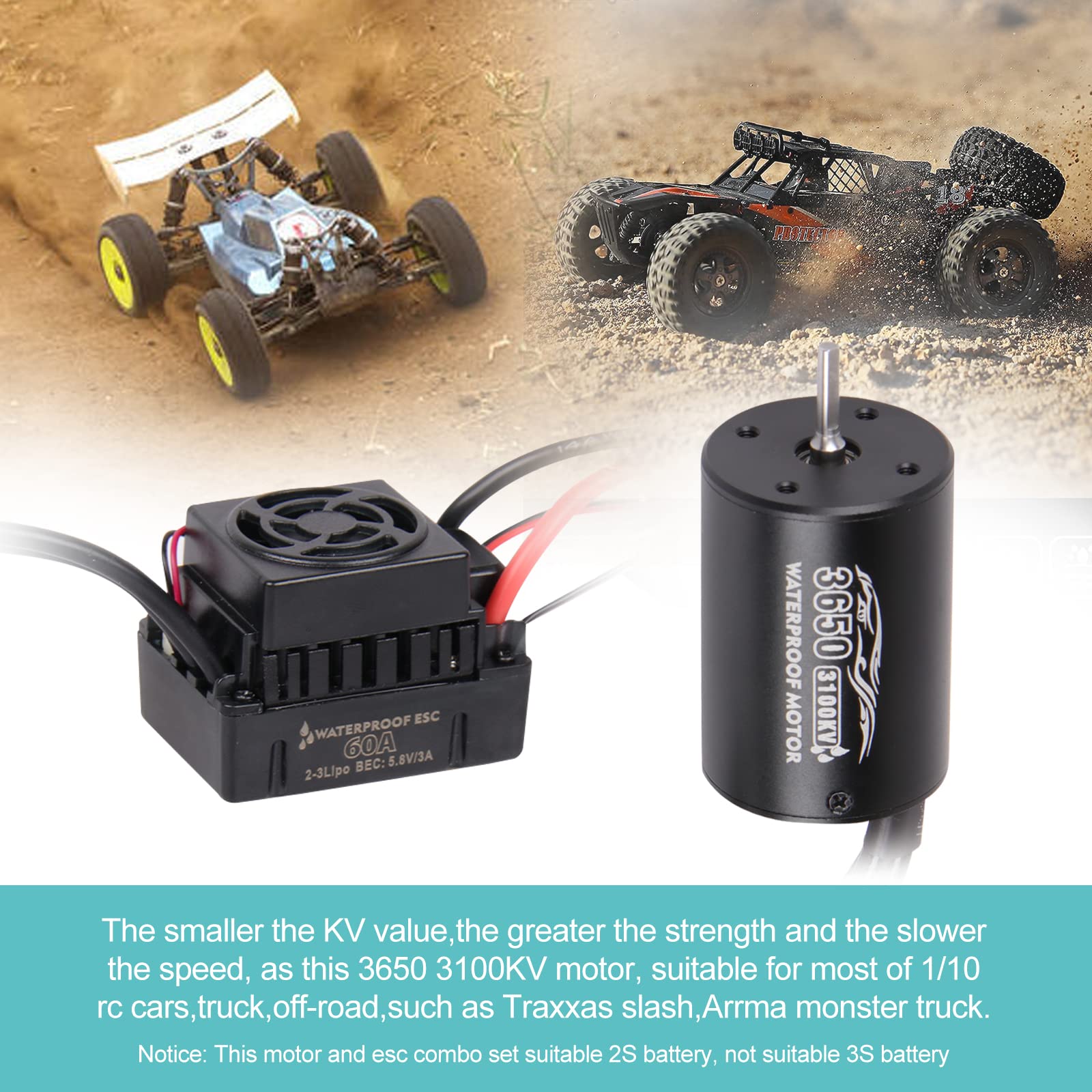3650 3100KV Motore brushless e 60A ESC Combo Set 5.8V / 3A ESC impermeabile con motore primario senza sensore per 1/10 RC Car