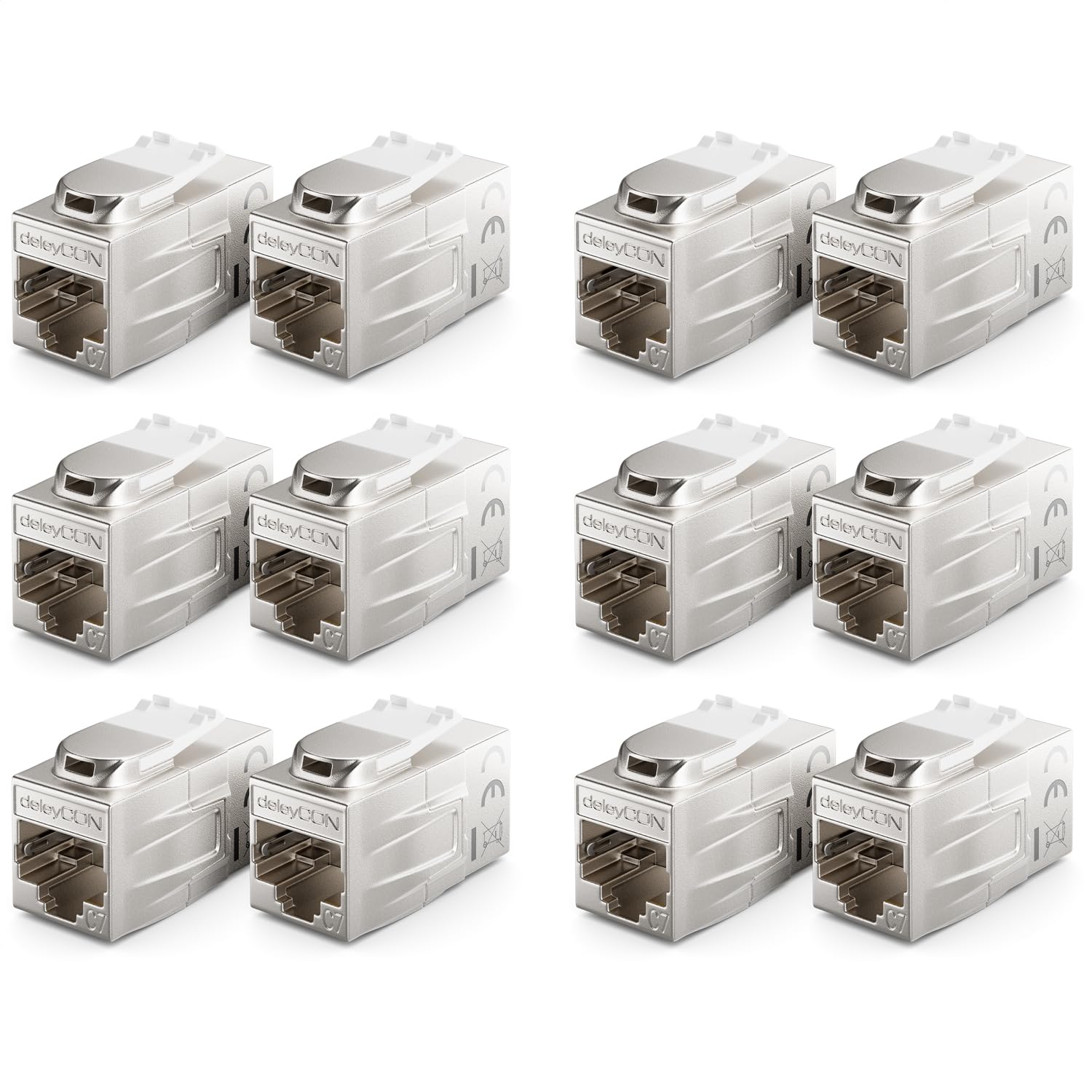 deleyCON 12 Pezzi CAT 7 Accoppiamento Keystone Metallo 2x RJ45 Jack Connettore per RJ45 Patch Cable 600 MHz 10 Gbps LAN DSL Ethernet e Utilizzabile Come Keystone - Argento
