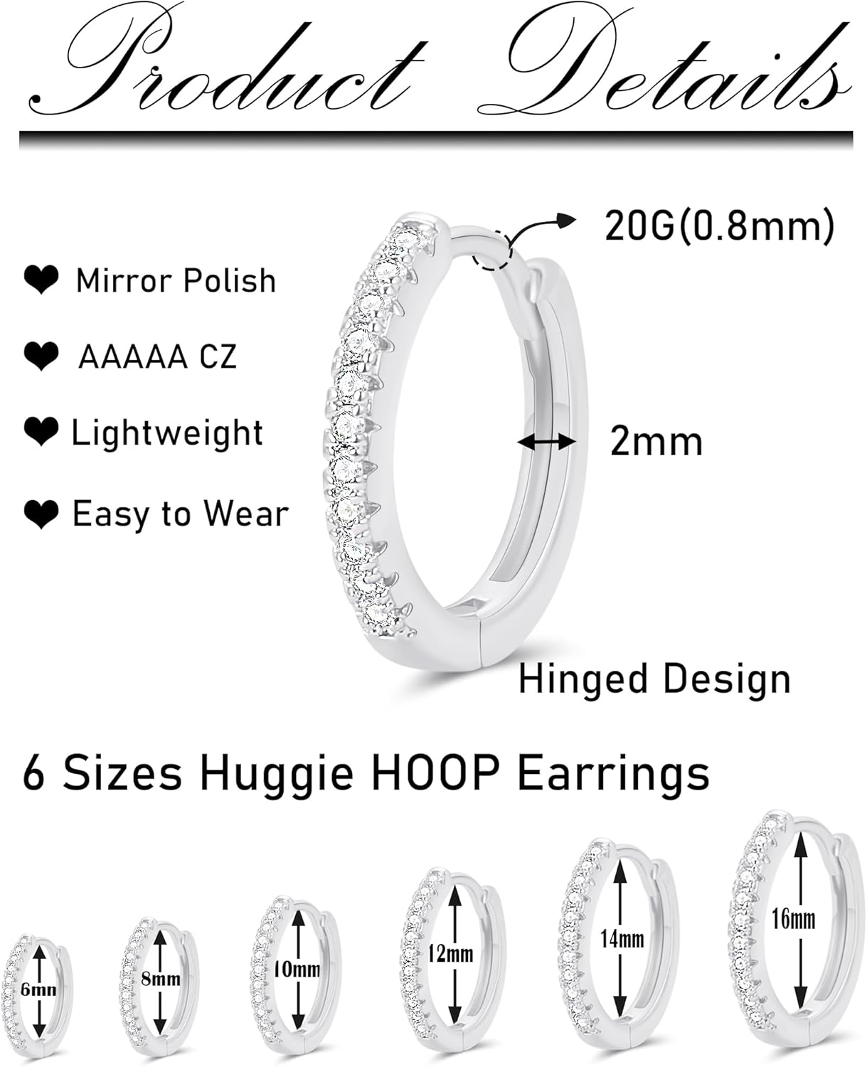6 Pairs Small Hoop Earrings Stainless Steel Cubic Zirconia Huggie Hoop Cartilage Earrings Piercing Jewelry for Women Men Gold Silver Tone 6mm 8mm 10mm 12mm 14mm 16mm - Image 2