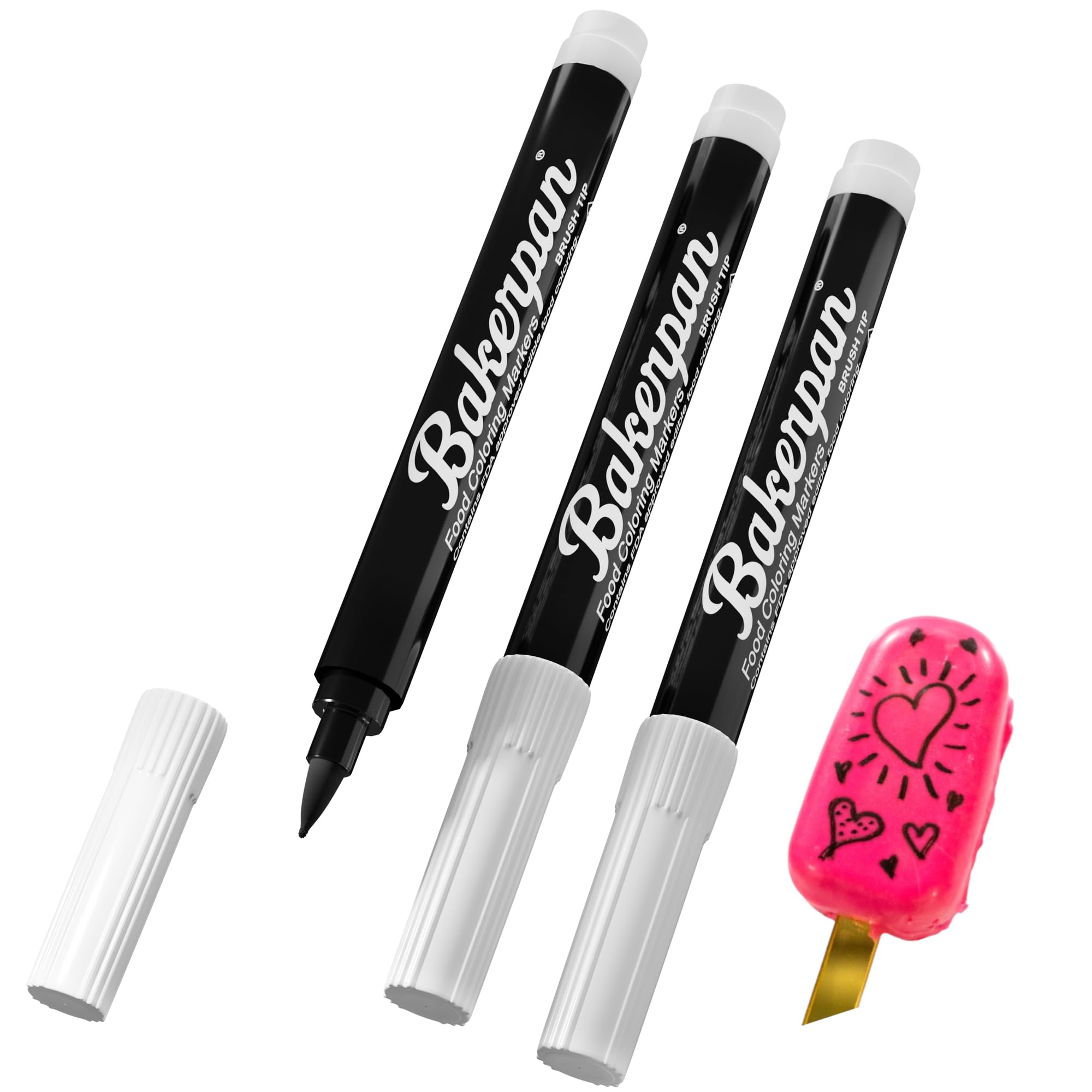 Bakerpan Food Coloring Markers, Brush Tip Black Edible Markers for Writing on Cake Pops and Candy Melts, Cake Decorating - Set of 3 (Made in USA)