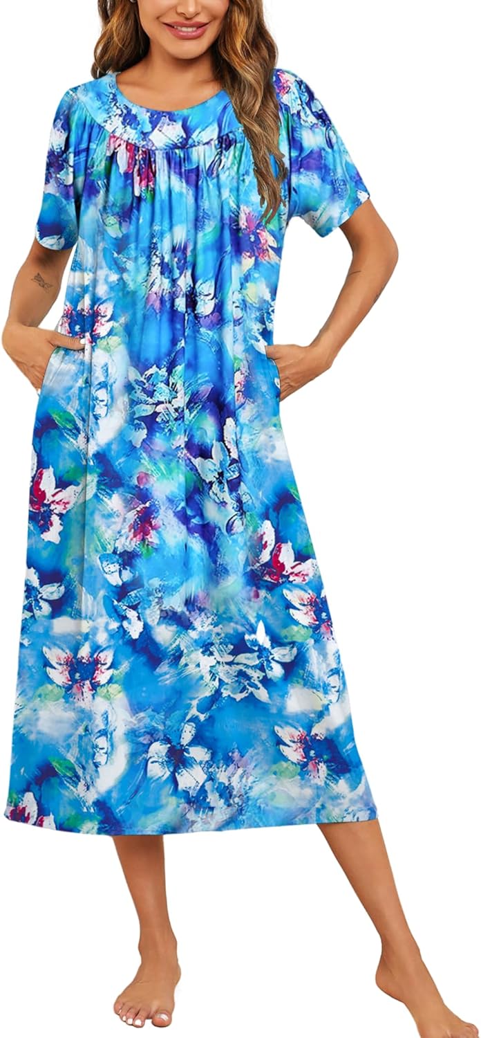 Ekouaer Women's House Dress with Pockets Long Nightgowns for Women House Dress Pleated Front Moo Moos for Women S-XXXL