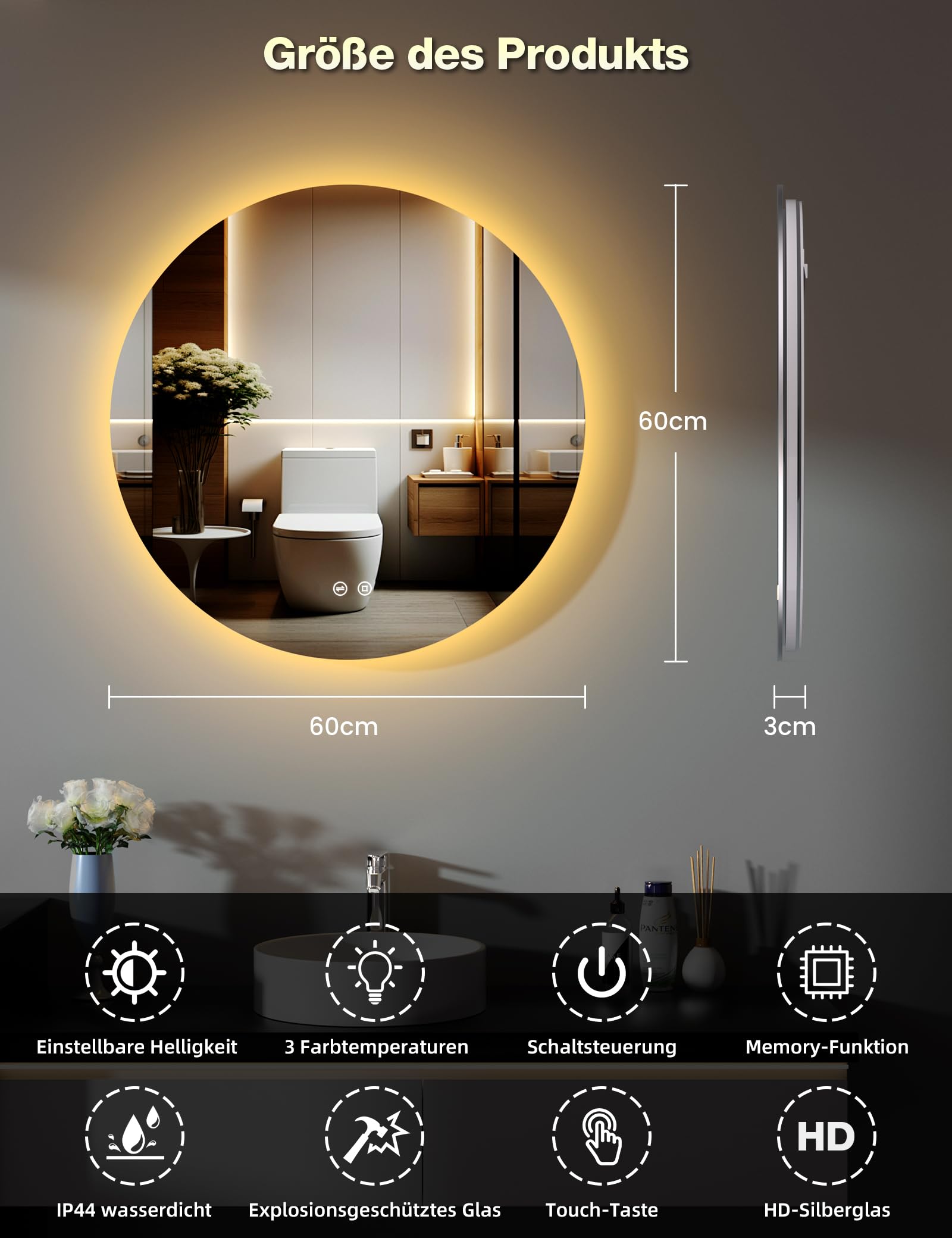 Badezimmerspiegel mit Beleuchtung, 60 cm Runder Badspiegel mit Beleuchtung, 3 Lichtfarben, Dimmbar, Touch-Schalter, Speicherfunktion, Energiesparend, LED Spiegel Bad Wandspiegel mit Licht