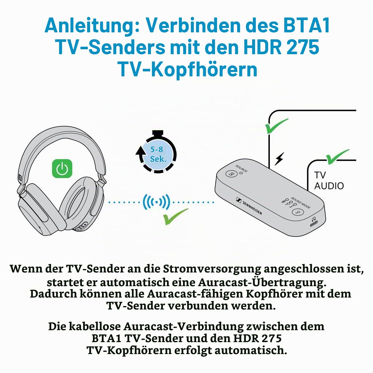 Sennheiser RS 275 TV Kopfhörer - Bluetooth Kopfhörer und Transmitter Bundle - Low Latency Wireless Kopfhörer mit virtuellem Surround Sound, Sprachklarheit und Auracast Technologie - 50h Akku