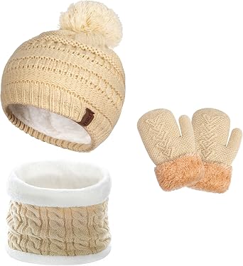 Kids Winter Beanie Hat Scarf Gloves Set with Fleece Lining for 1-5-10 Years Old Girls Boys Toddler