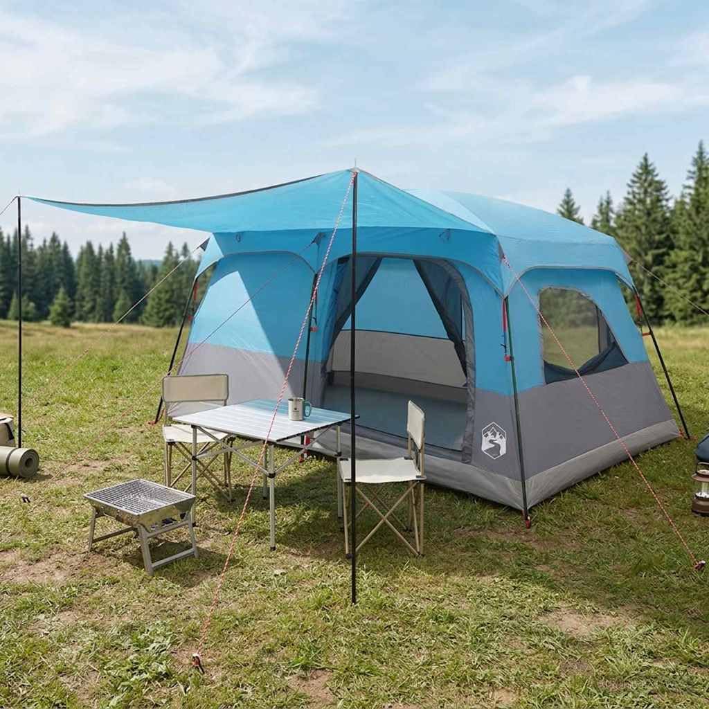 Namiot rodzinny, niebieski, 420 x 305 x 200 cm, poliester i stal, składany z otworem powietrznym, na kemping, urlop rodzinny, plażę, ochrona i cień