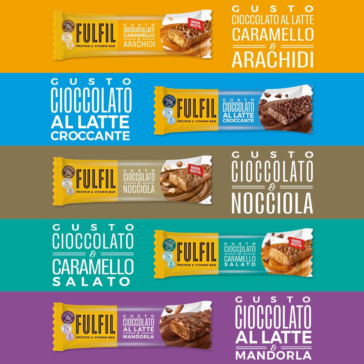 FULFIL - 15 Barrette Proteiche da 55 Grammi, Gusto Cioccolato e Caramello Salato con 9 Vitamine e Pochi Zuccheri, Confezione da 825 Grammi