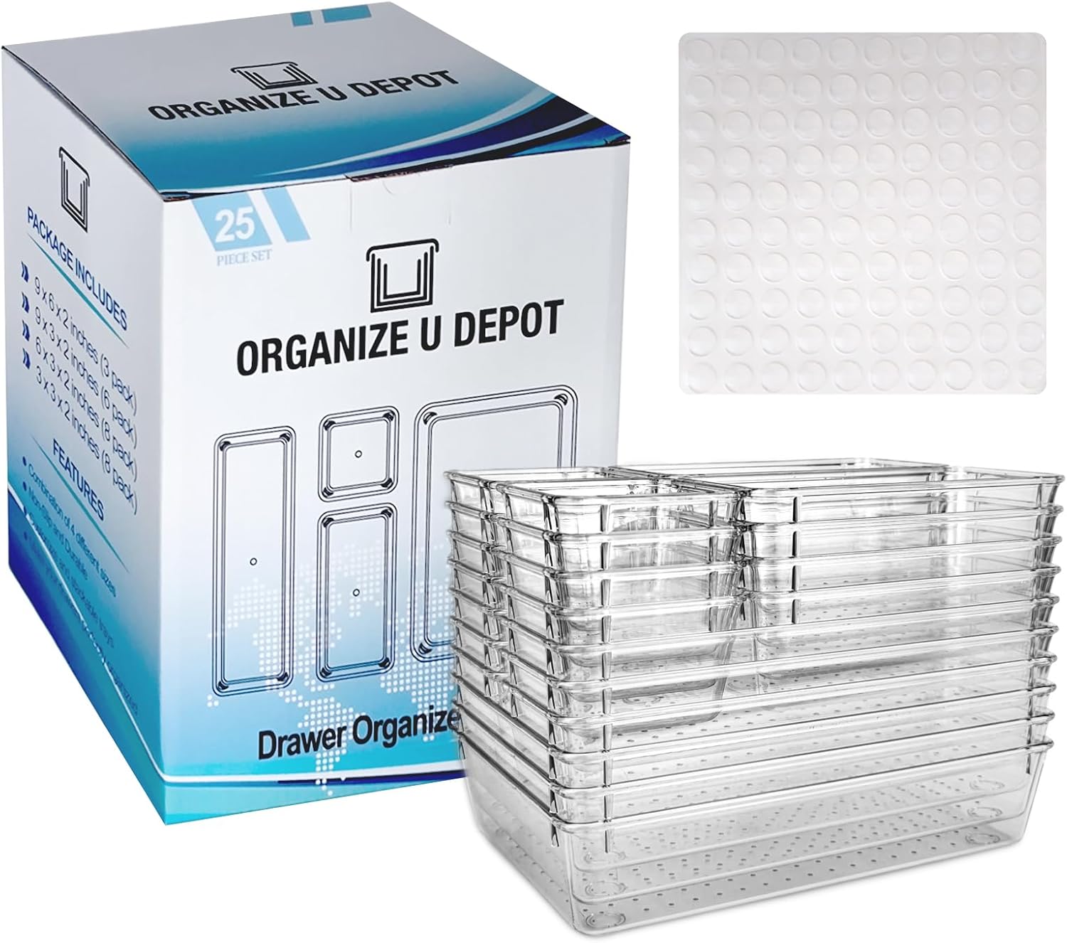 25 Piece - Non-Slip Drawer Organizer Bin Set- Clear bins with stick on non slip pads