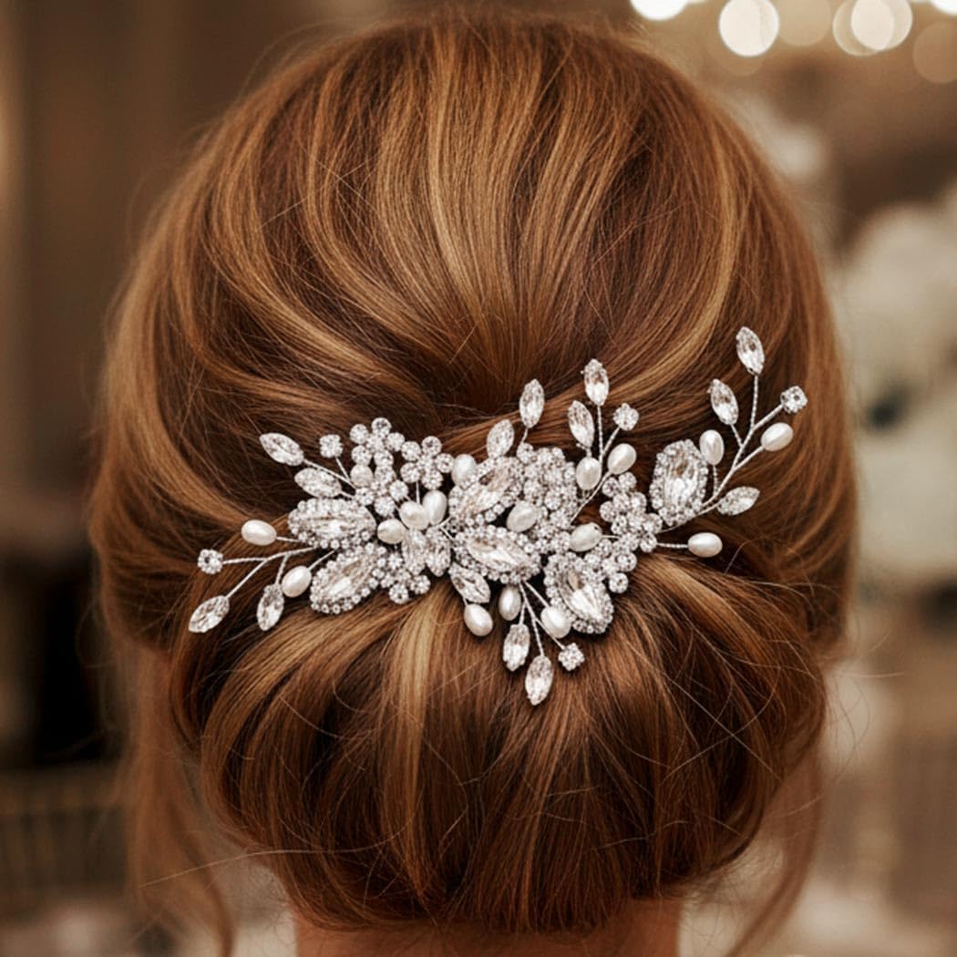 Accessori per Capelli da Sposa, Pettine per capelli da sposa con Perle di Cristallo, Accessori Eleganti per Ragazze e Donne Matrimonio, Festa, Ballo (Argento)