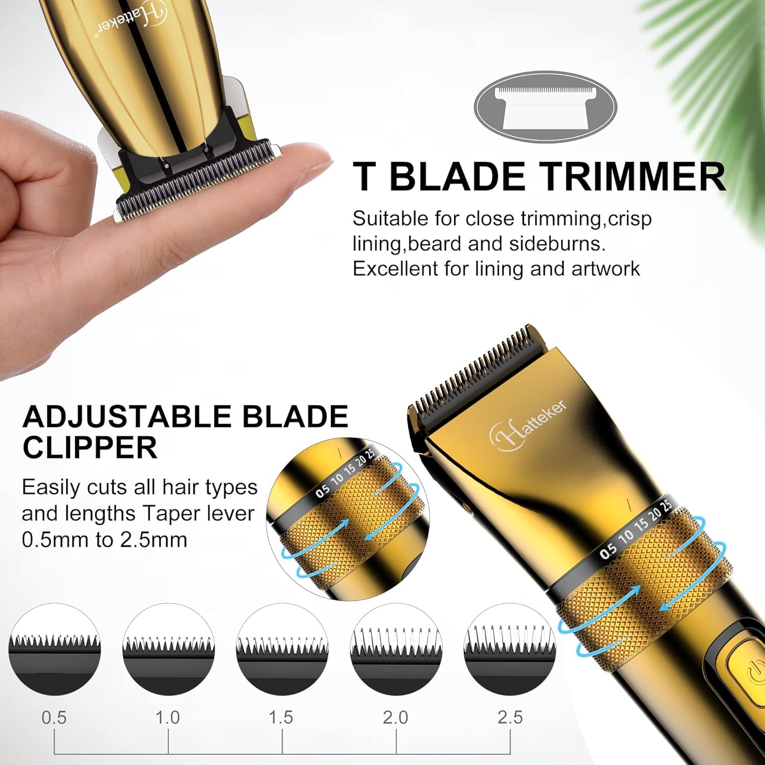 Hatteker Profi Haarschneidemaschine Set Haarschneider Pflegesets Barttrimmer Bartschneider Herren T-förmiger Trimmerkopf T-blade Trimmer Präzisionstrimmer IPX7 Wasserdicht （golden）