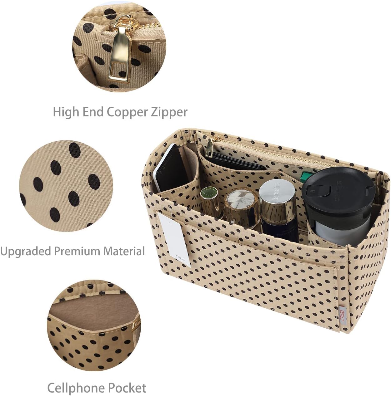 ZTUJO Purse Organizer Insert For Handbags, Silky Touching Bag Organizer Insert With Bottle Holder, Perfect for Speedy, Neverfull, Tote,ONTHEGO,Artsy,Handbag and More (small, Brown polk dots Beige) - Image 4