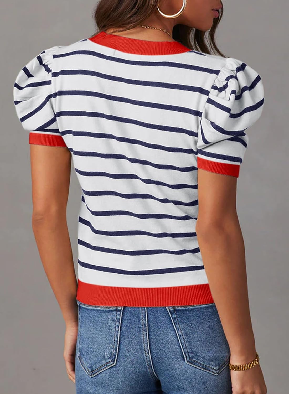Dokotoo Women's Short Puff Sleeve Knit Tops 2026 Trendy Crewneck Striped T Shirts Casual Summer Blouses - Image 5