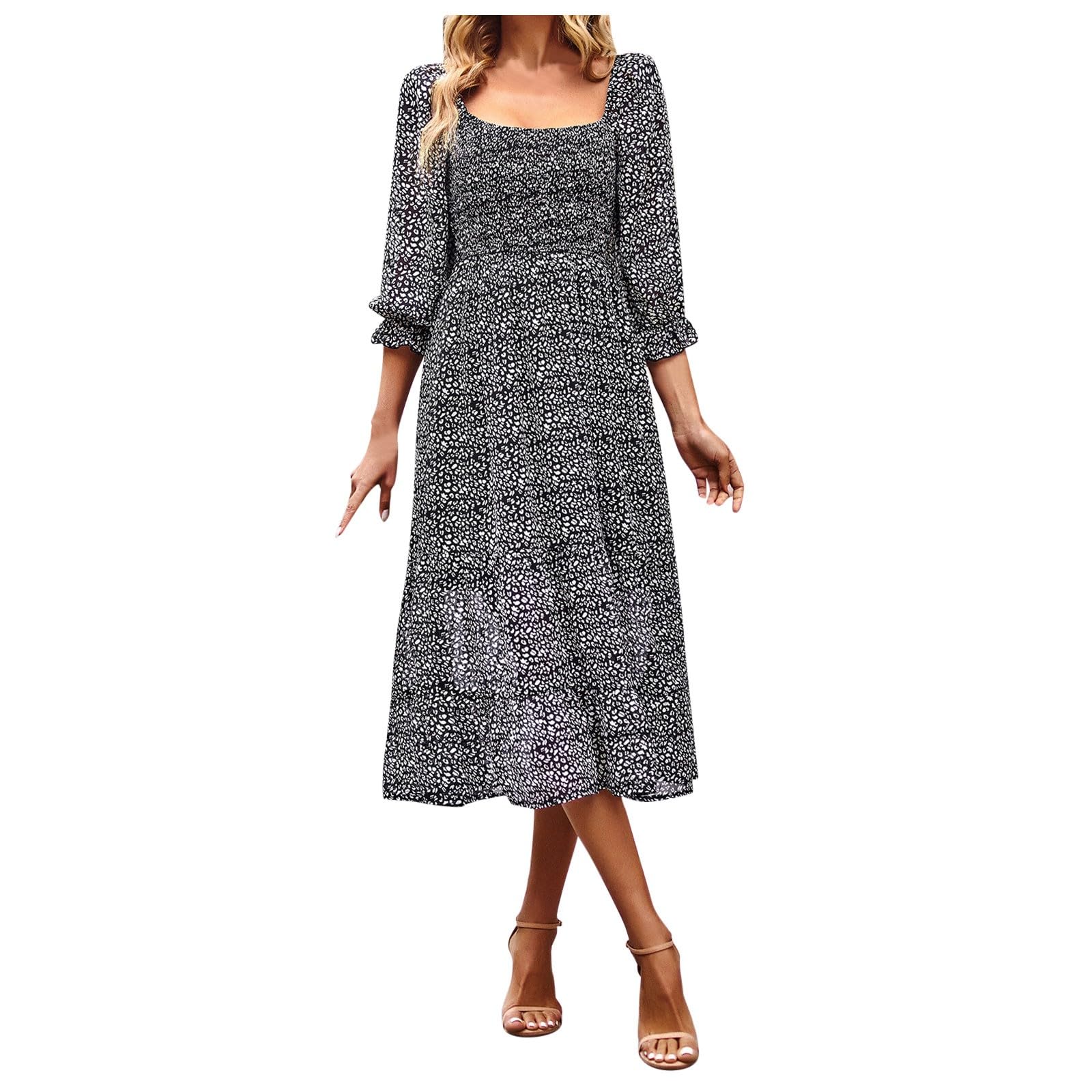 Moda damska elegancka damska letnia sukienka midi na co dzień wiosenne bufiaste rękawy kwadratowy dekolt linia A zwiewne boho kwiatowe sukienki z marszczeniem dla gości weselnych