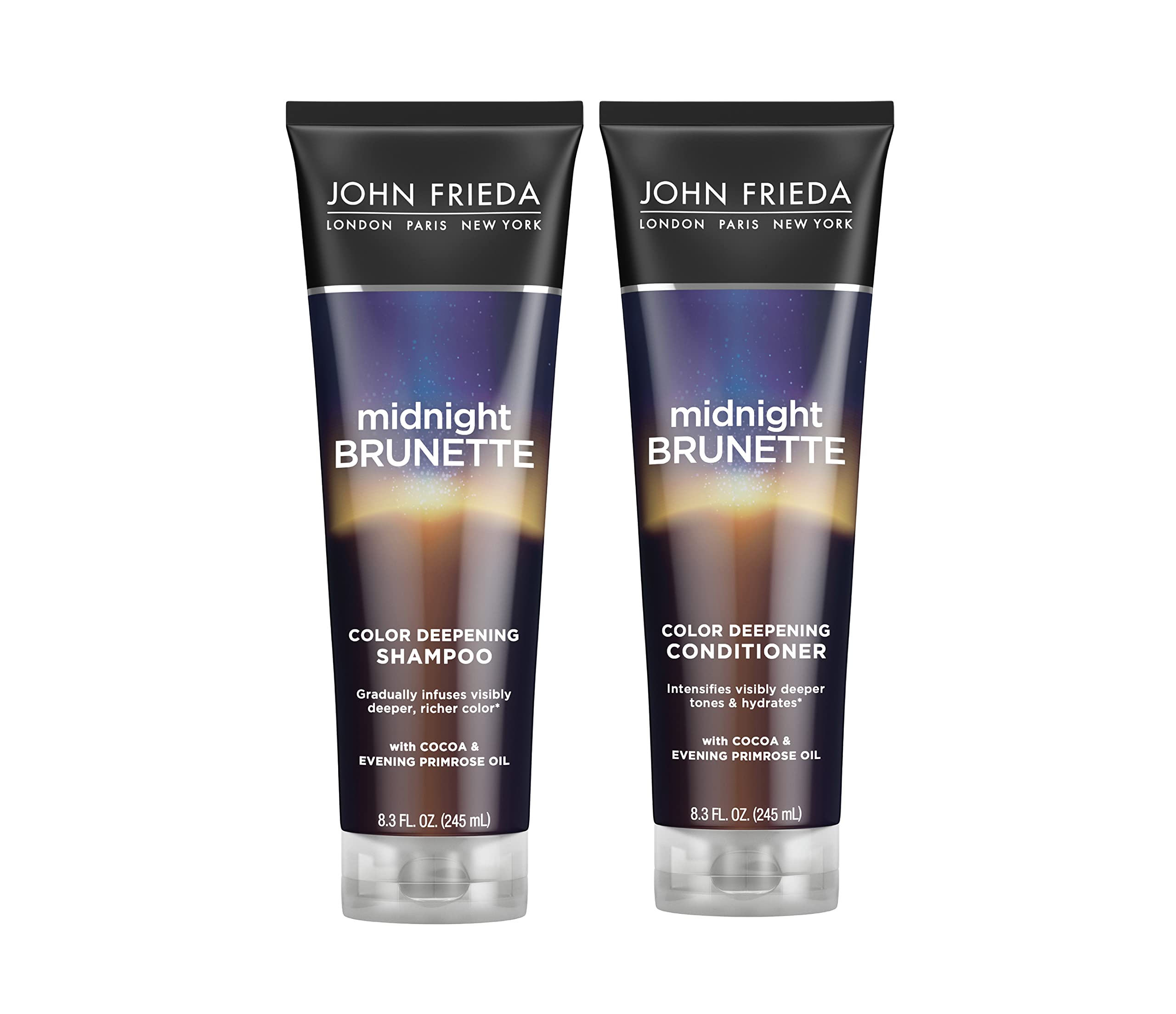 John Frieda Midnight Brunette Color Deepening Shampoo and Conditioner Set, for Natural and Color Treated Hair, 8.3 Ounce, with Evening Primrose Oil - Packaging May Vary