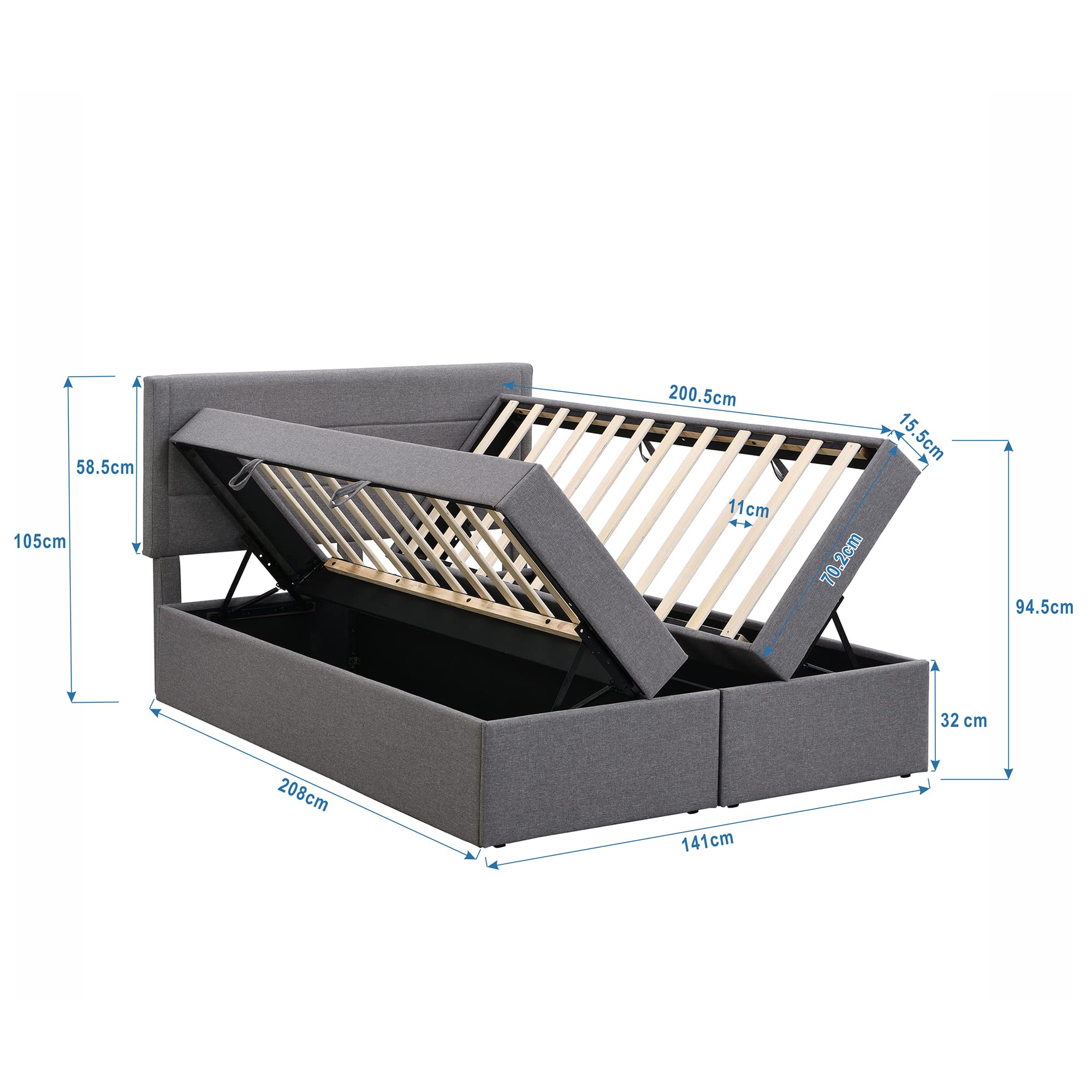 Boxspringbett 140x200 mit Bettkasten, Doppelbett Polsterbett mit Lattenrost, Bett, Betten, Bettgestell mit Stauraum, Schlafzimmer Komplett, Stauraumbett (Grau, Doppelbett 140x200), TkopyBed0615
