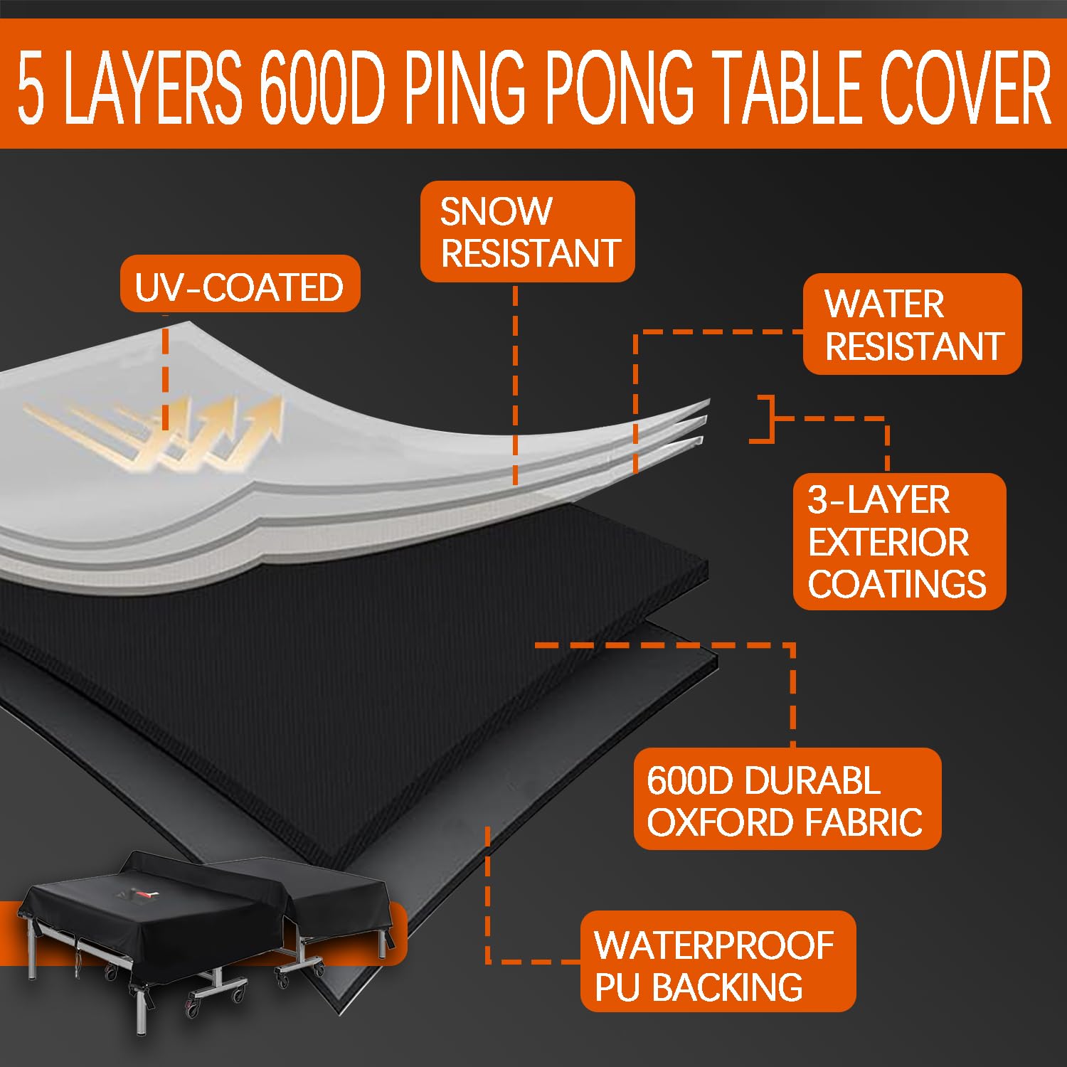 Copertura impermeabile per tavolo da ping pong da interno ed esterno Copertura resistente 600D per tavolo das ping pong Adatta a tavoli universali pieghevoli e piatti,Nero,165x70x185cm