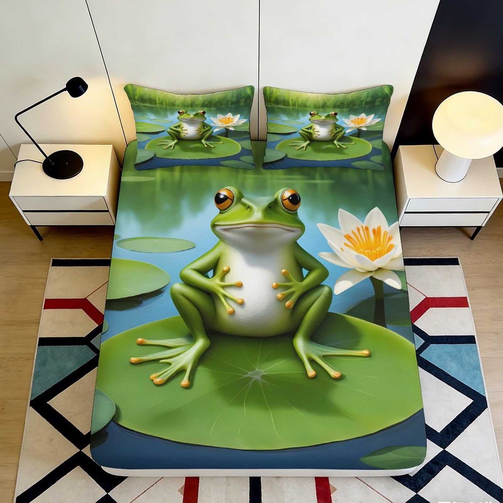 Pnayamiorkfel Style-5 3D Printed Frog Pond Fitted Sheet Microfiber Soft Green Lily Pad Mattress Cover For Bedroom Guest Room Decor 90X200x25cm