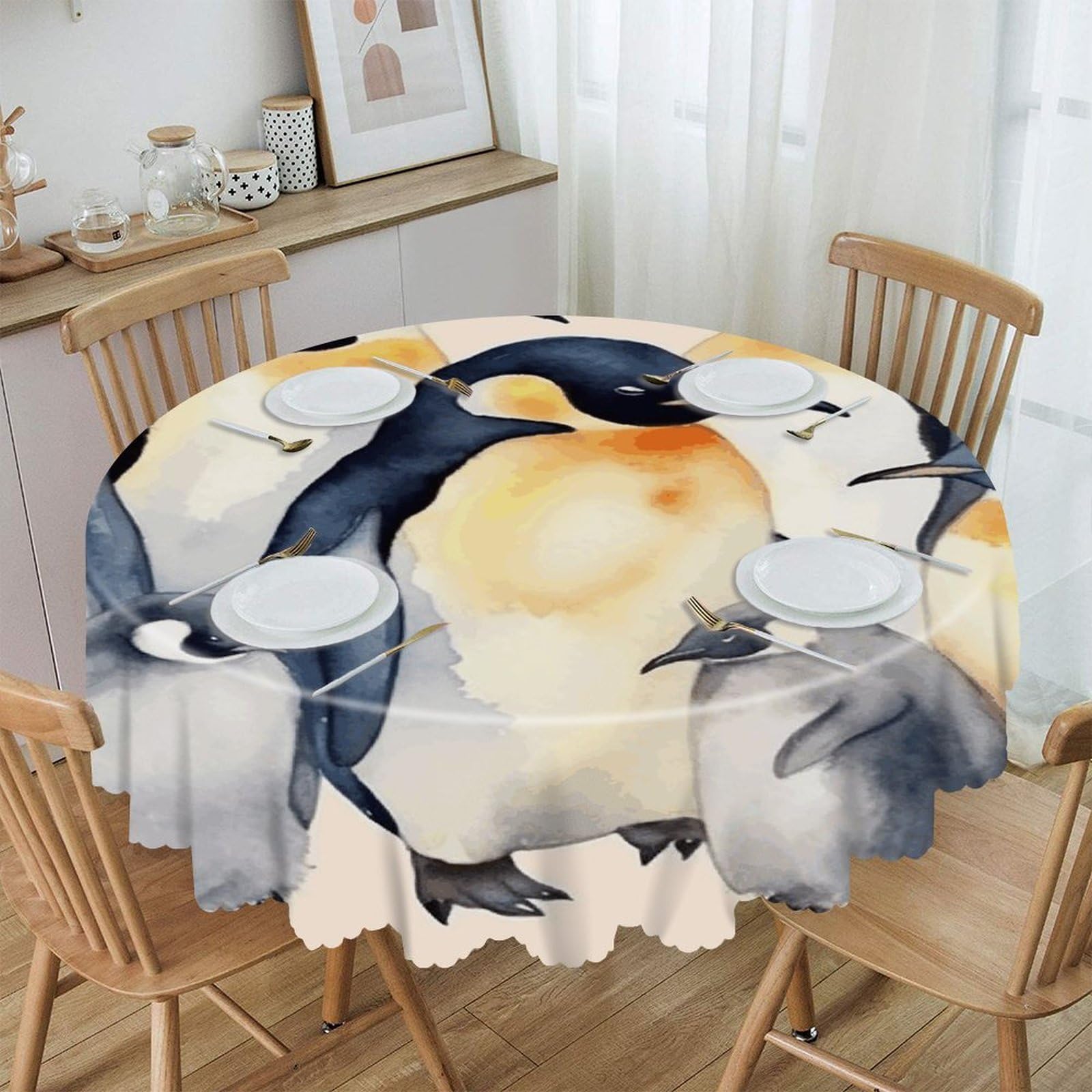 VstaDank Animal Penguins Watercolor Pattern Round Tablecloth 60 Inch Easy to Clean Circle Table Cover Thick Decorative Round Polyester Table Cloth for Dining Kitchen Party Farmhouse Outdoor