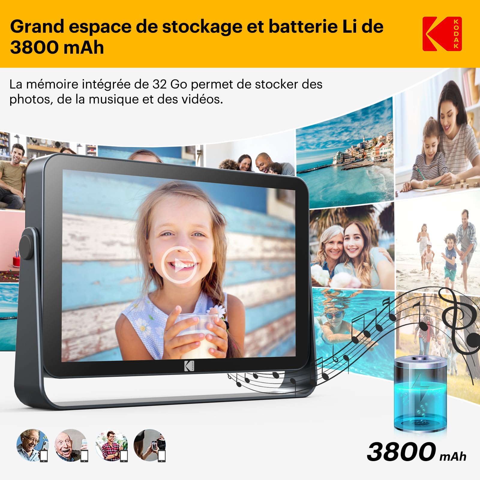 KODAK Cadre Photo Numérique WiFi-10,1 Pouces 1920x1200 IPS HD Écran Tactile, 4000mAh Batterie, 32Go Stockage, Cadre Photo Électronique Permet de Partager des Vidéos/Images, Utilisable sans Fil
