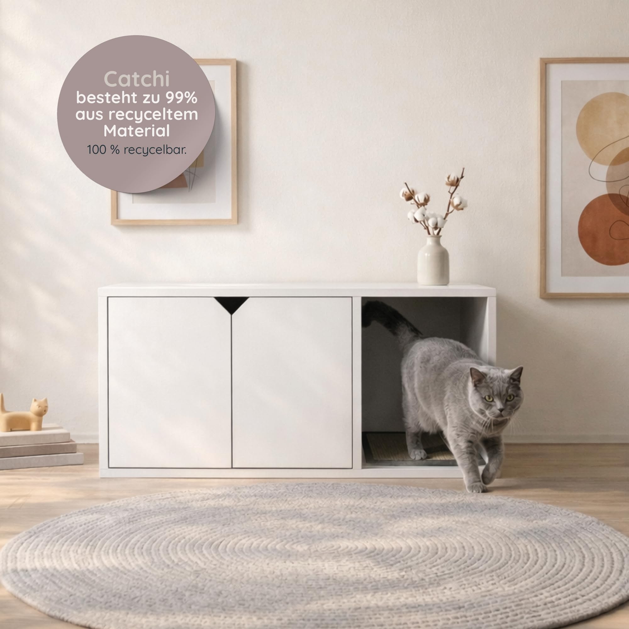 Catchi Katzenklo Schrank in Weiß – Nachhaltig & 100% recycelbar – Formaldehydfrei & Schadstofffrei – inklusive Kratzbrett – Werkzeuglose Montage – Modernes Design - 91x52x43cm