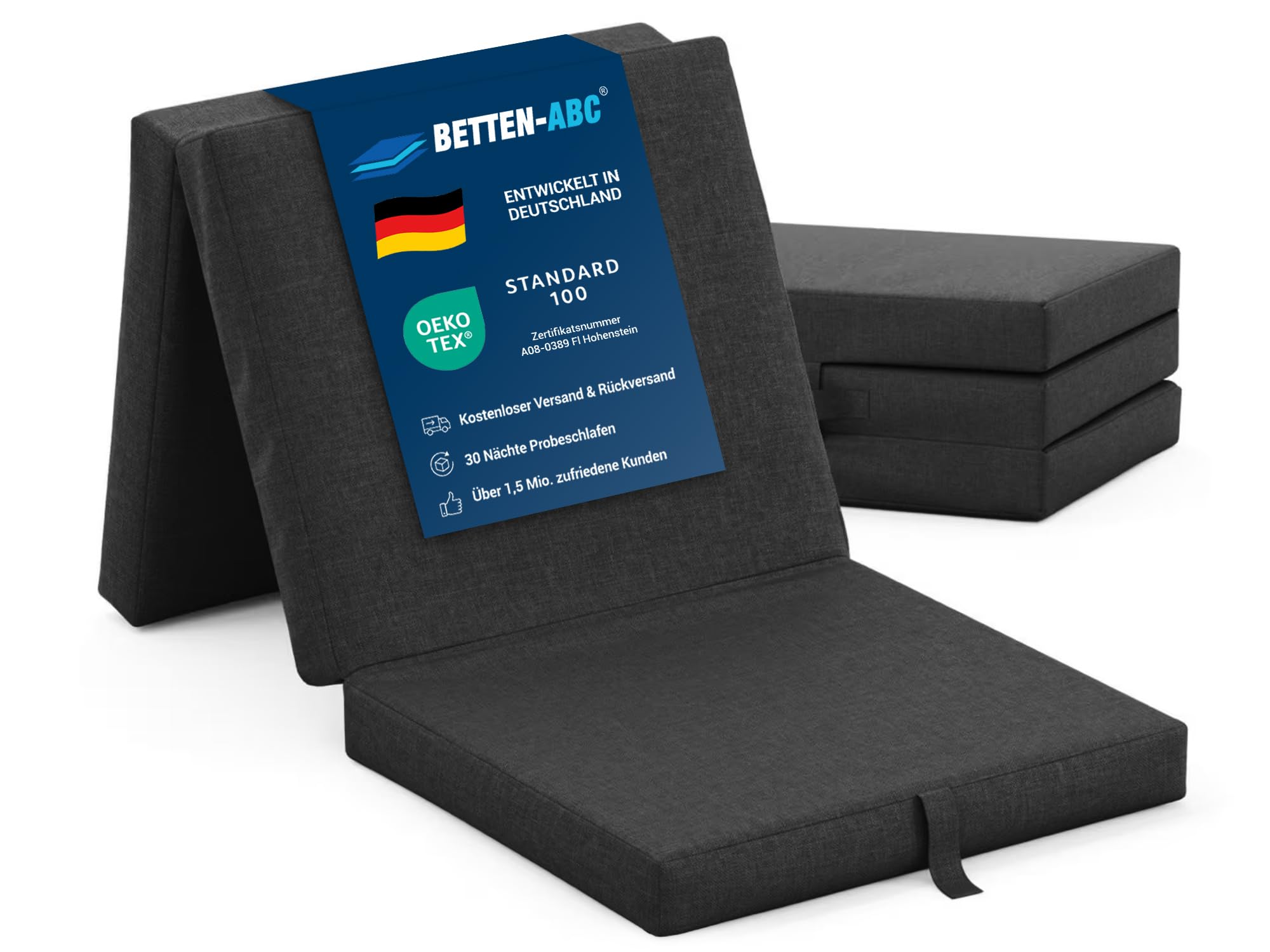Betten-ABC - Faltmatratze anthrazit (3-TLG.) - ideale für Gäste - Klappmatratze für Reisen, Camping & Kinder zum Spielen - Oeko-TEX-Zertifiziert - Bezug aus Baumwolle & Polyester - leicht verstaubar