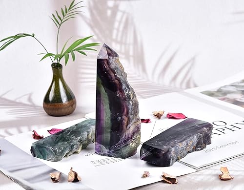 Miniatura 3 de AMOYSTONE Varita de piedra de cristal de fluorita natural, obelisco, losa de torre grande, bloque de varita puntiaguda verde-morado, textura