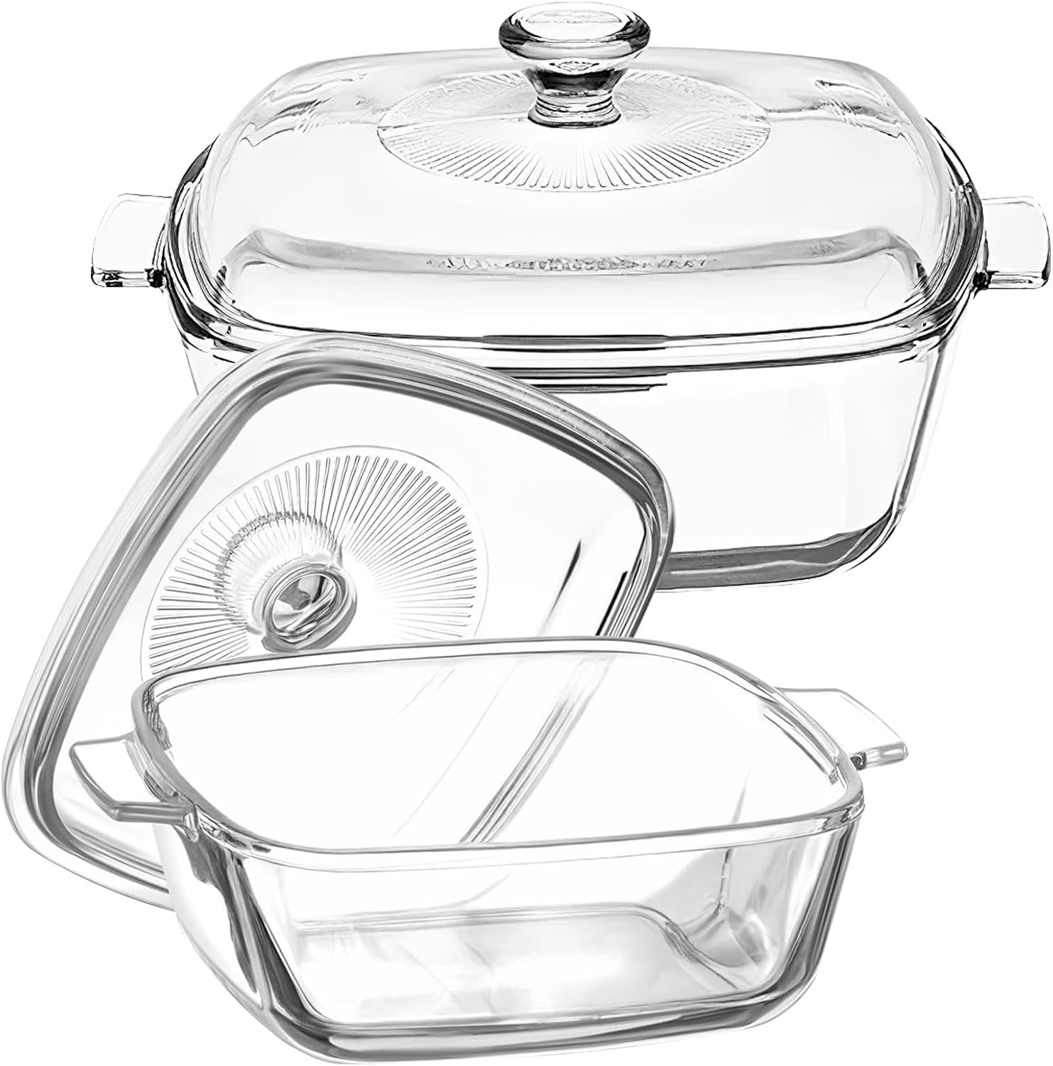 2 Pack Glass Casserole Dishes Clear Baking Casserole Dish Square Covered Dish Set with Lid for Oven Kitchen Home Party Cooking, Dishwasher Oven Safe (0.8L + 1.5L)