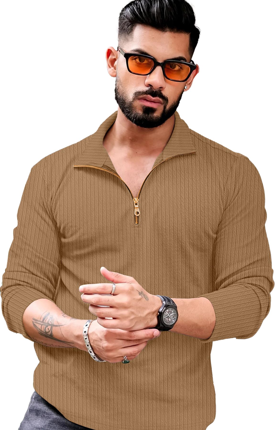 avix Men's Ribbed Textured Half Zip Collar Long Sleeve Casual Shirt-picture-40