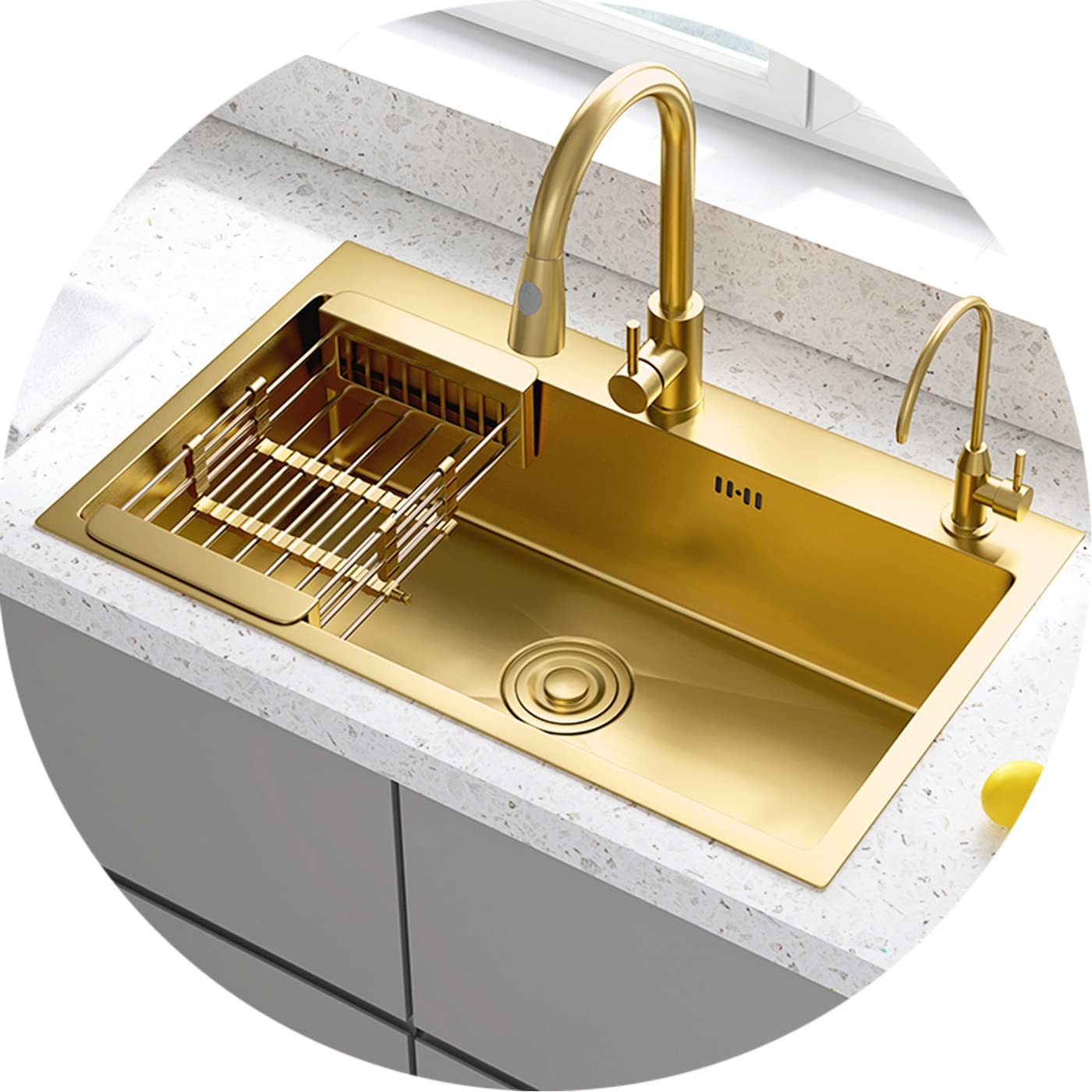 Évier de cuisine grand évier à cuve simple or lavabo fait main 75 x 45 cm équipé robinet