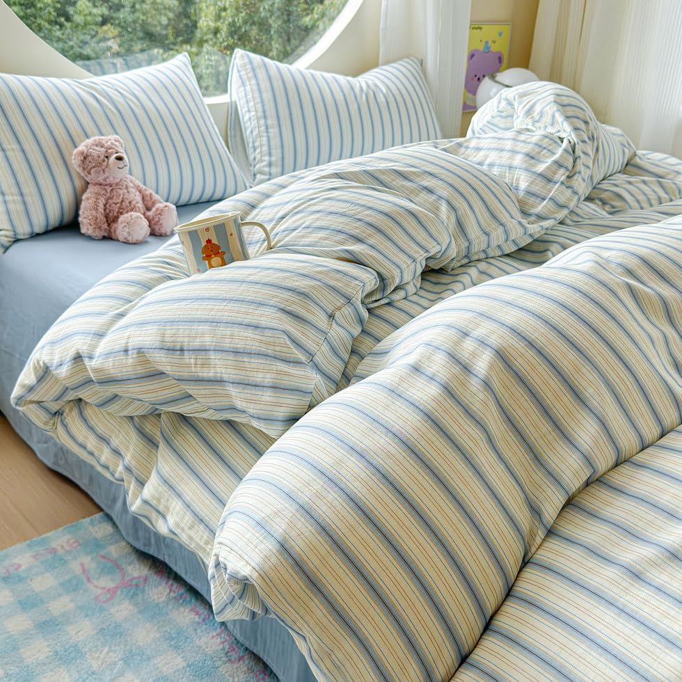 Image of EAVD Vintage Striped Duvet Cover Queen Soft 100% Muslin Cotton Linen Feel Gauze Farmhouse Blue Vertical Striped Pattern Bedding Set for Men Women Reversible Geometric Duvet Cover with Zipper Closure