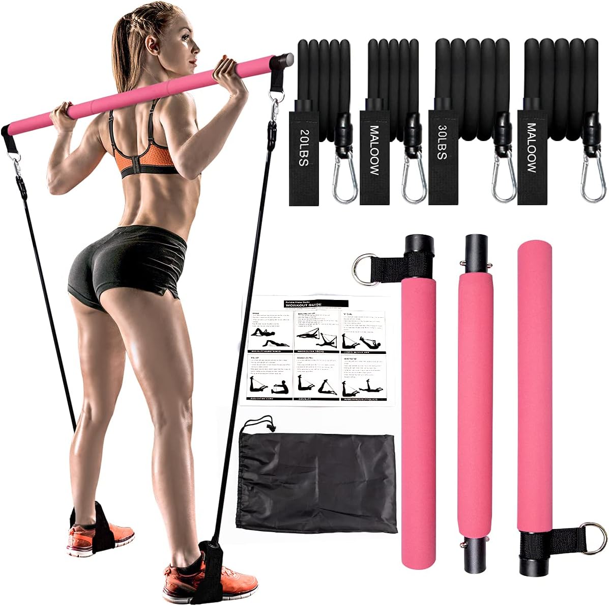Pilates Bar Kit with Resistance Bands(2 Standard&2 Strong),Protable Home Gym Workout Equipment For Women,Perfect Stretched Fusion Exercise Bar and Bands for Toning Muscle,Leg,Butt and Full Body (Pink) : Sports & Outdoors