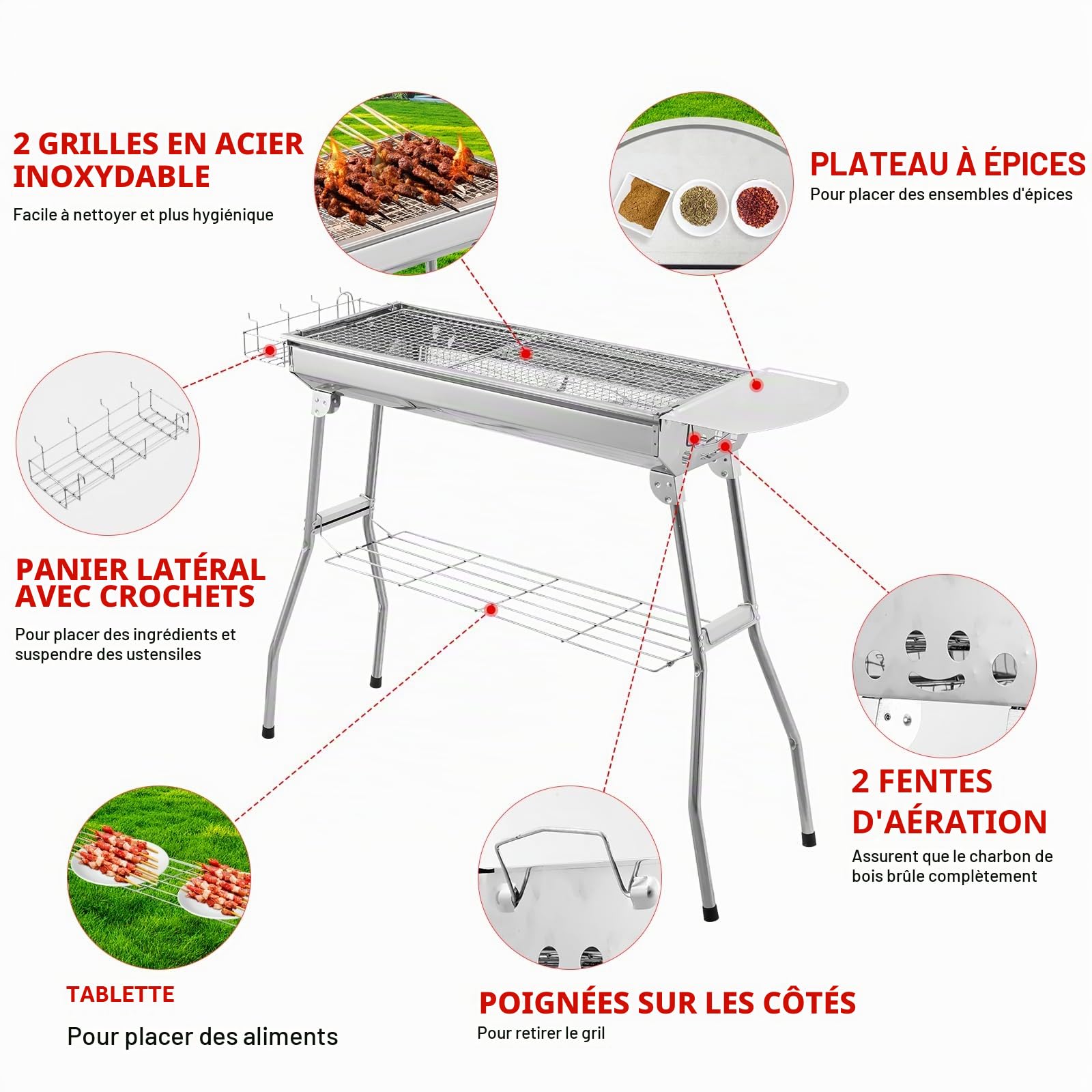Barbecue Charbon de Bois Grill, avec Plateau épices Paniers Latéraux étagère Rangement Inférieure, Portable Acier Inoxydable Pliant Grill pour Cuisiner Plein Air Camping Randonnée Pique Nique