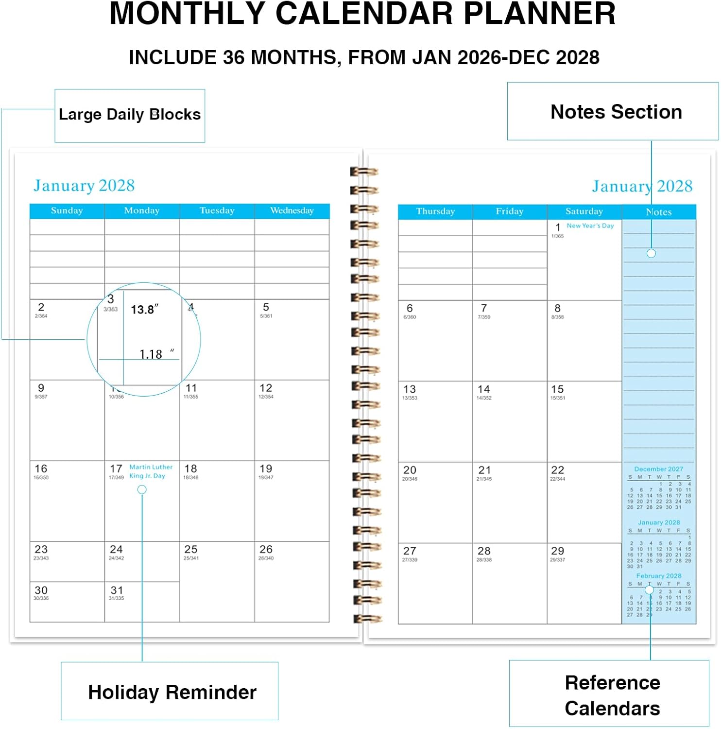 Color black 2026-2028 Monthly Planner - 3 Year Monthly Calendar/Planner 2026-2028, 5.9 x 8.5, 36 Month Calendar Planner, Planners with Twin-Wire Binding, Lined Notes Pages