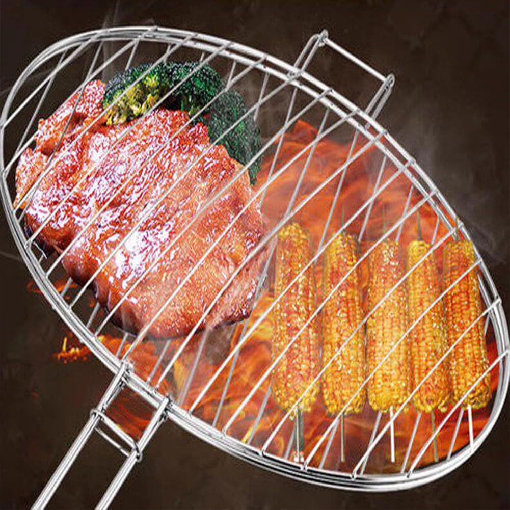 Griglia per pesce, in acciaio inox 304, 60 cm, pieghevole, con manico lungo, ovale, per pesce, verdure, gamberi, bistecche, campeggio, cucina all'aperto