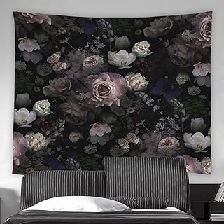 Black Floral Tapestry Retro Flower Bloosom Rustic Rose Watercolor Peony ...