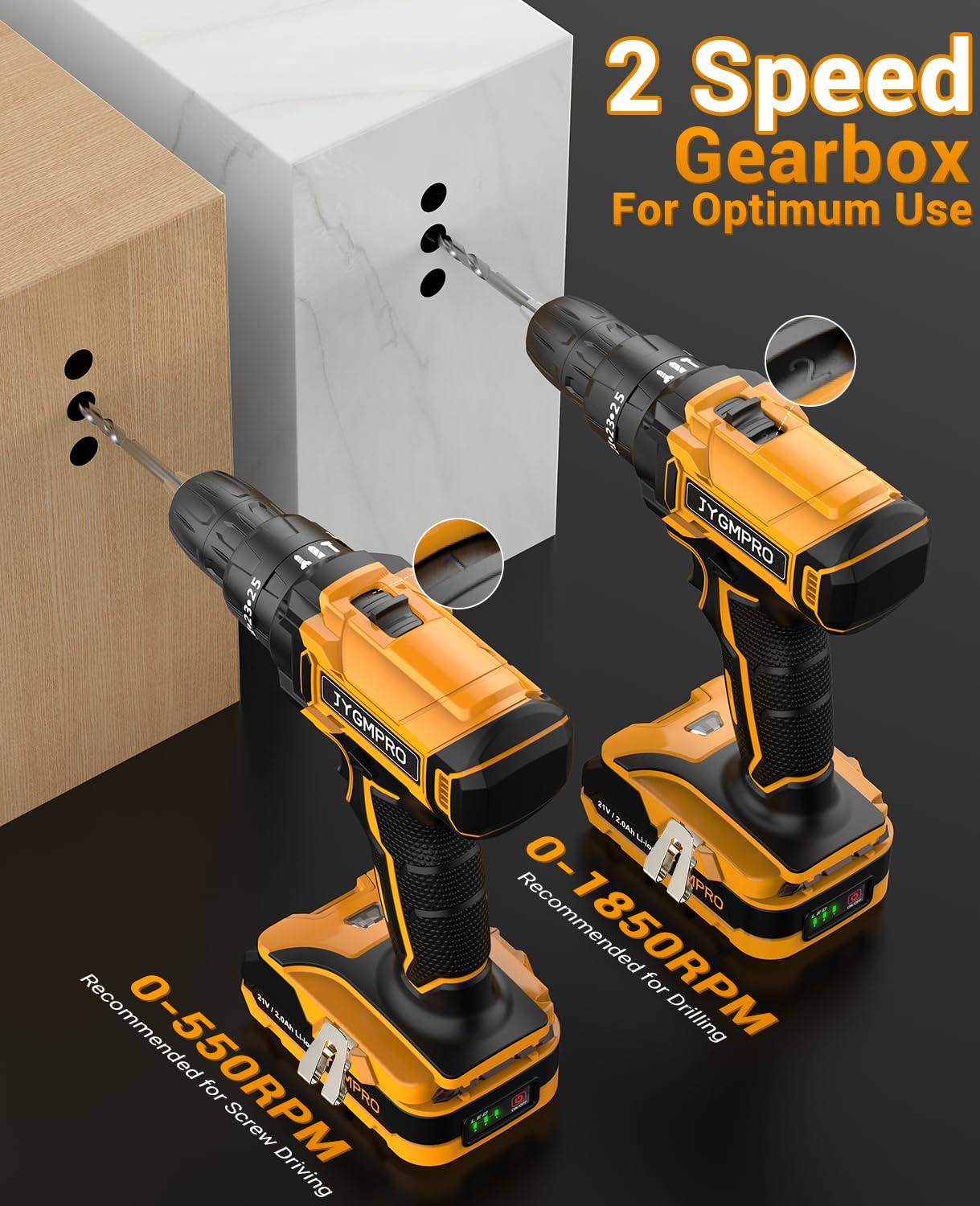 Trapano Avvitatore Batteria 21V, con 2 Batterie da 2.0Ah, 14 Accessori, 42N.m di Coppia con Avvitatore Elettrico, 2 Velocità, 25+3 Coppia, Luce a LED, Per il Fai da te, in Casa e Giardino
