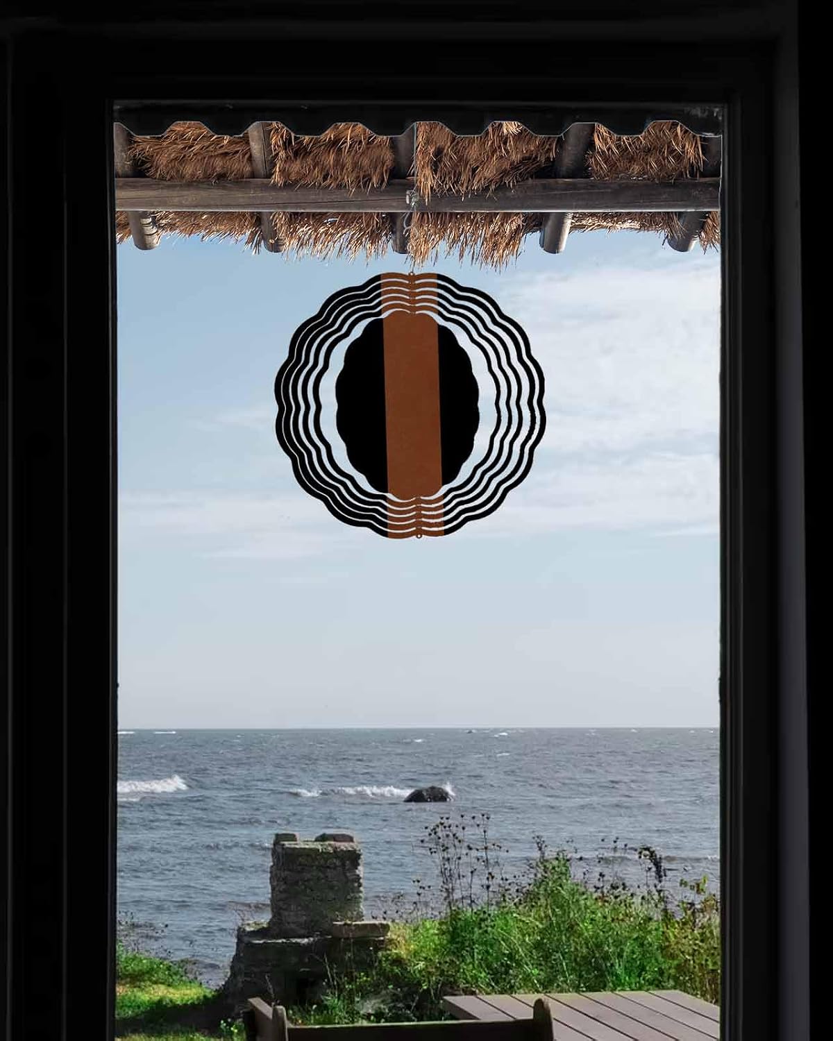 Boho Wind Spinners, Retro Tribal Style Brown Black Stripes Hanging Wind Spinners for Yard and Garden 3D Stainless Steel Metal Sculptures Crafts Ornaments 12 Inch