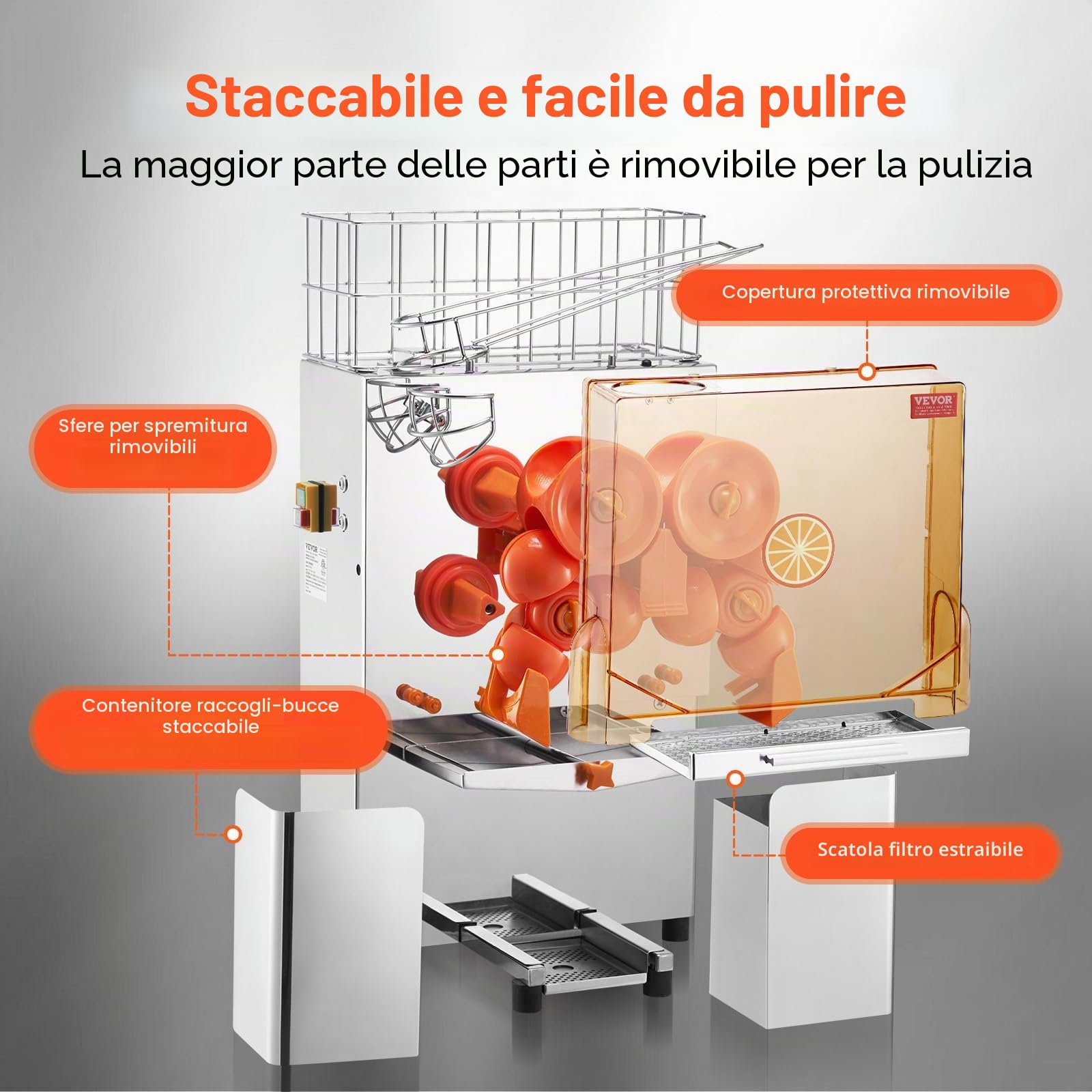 VEVOR Spremiagrumi Elettrico Commerciale 120 W, Estrattore di Succo Alimentazione Automatica con Filtro Estraibile e Secchio Raccolta Buccia per Pompelmo Arancia da Ristorante Caffetteria Bar Feste