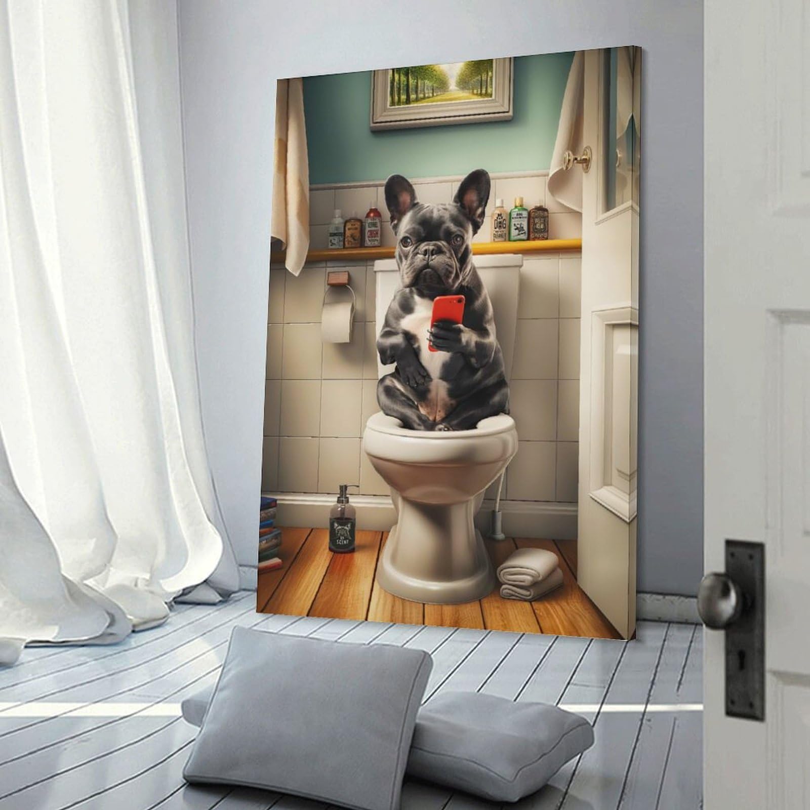 Junmoney Frame-Style-17 Hanging Wall Art French Bulldog On Toilet, 12X18inch(30X45cm), For Gallery Wall Layouts In Home Or Office, An Easy Match For Collected Prints