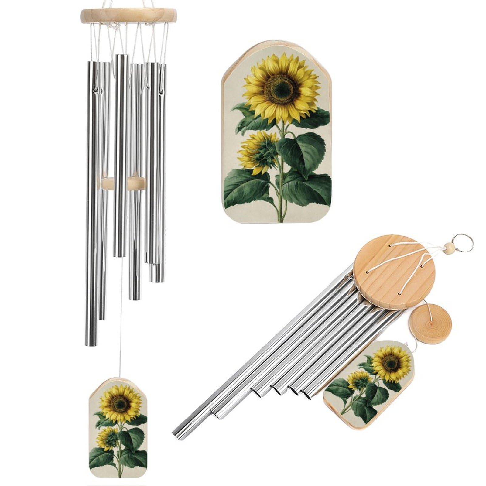 Botanical Two Sunflowers with Green Leaves Wind Chimes Memorial Deep Tone Windchime with 6 Aluminum Tubes Outdoor Backyard Garden Decoration