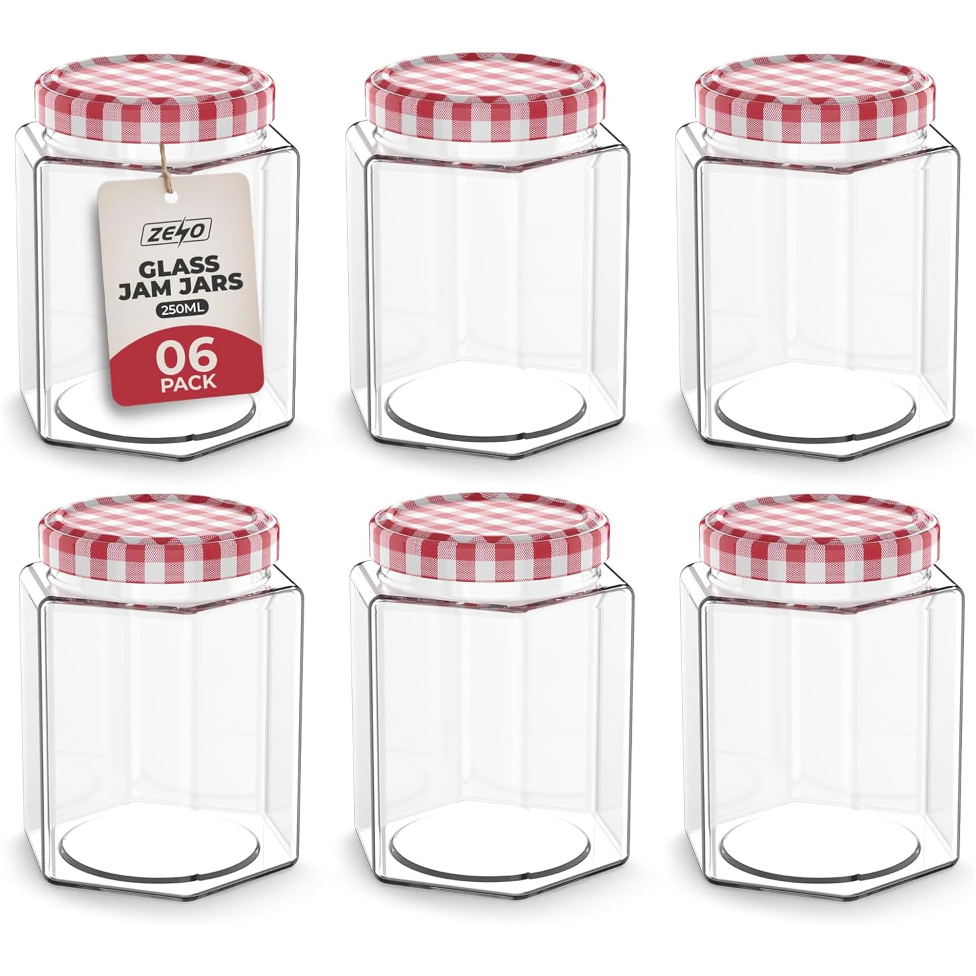 ZENO Glass Jam Jars 250ml | Glass Preserve Pots with Screw Top Red Gingham Lids | Airtight Pickle Jars | Homemade Jam | Marmalade & Chutney Jar | 6 Pack