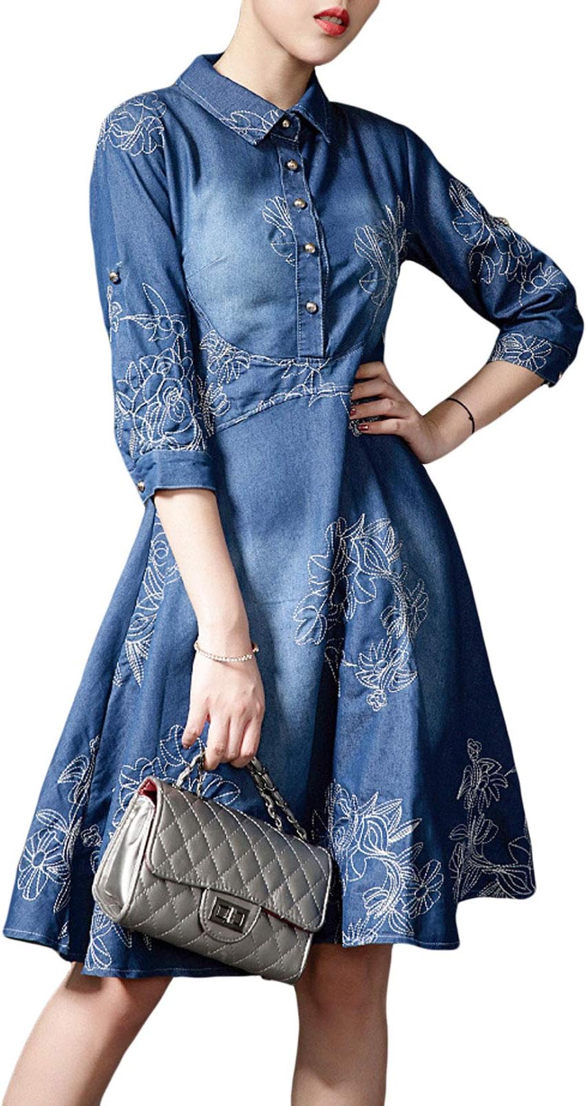 GGUHHU Womens Fit-Flare Floral Embroidery Button-Up Distressed Denim Dress