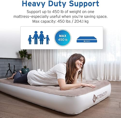 Vista 3 de Etekcity Colchón de aire mejorado de tamaño individual para campamento, cama inflable, colchón inflable elevado con bomba recargable para invitados