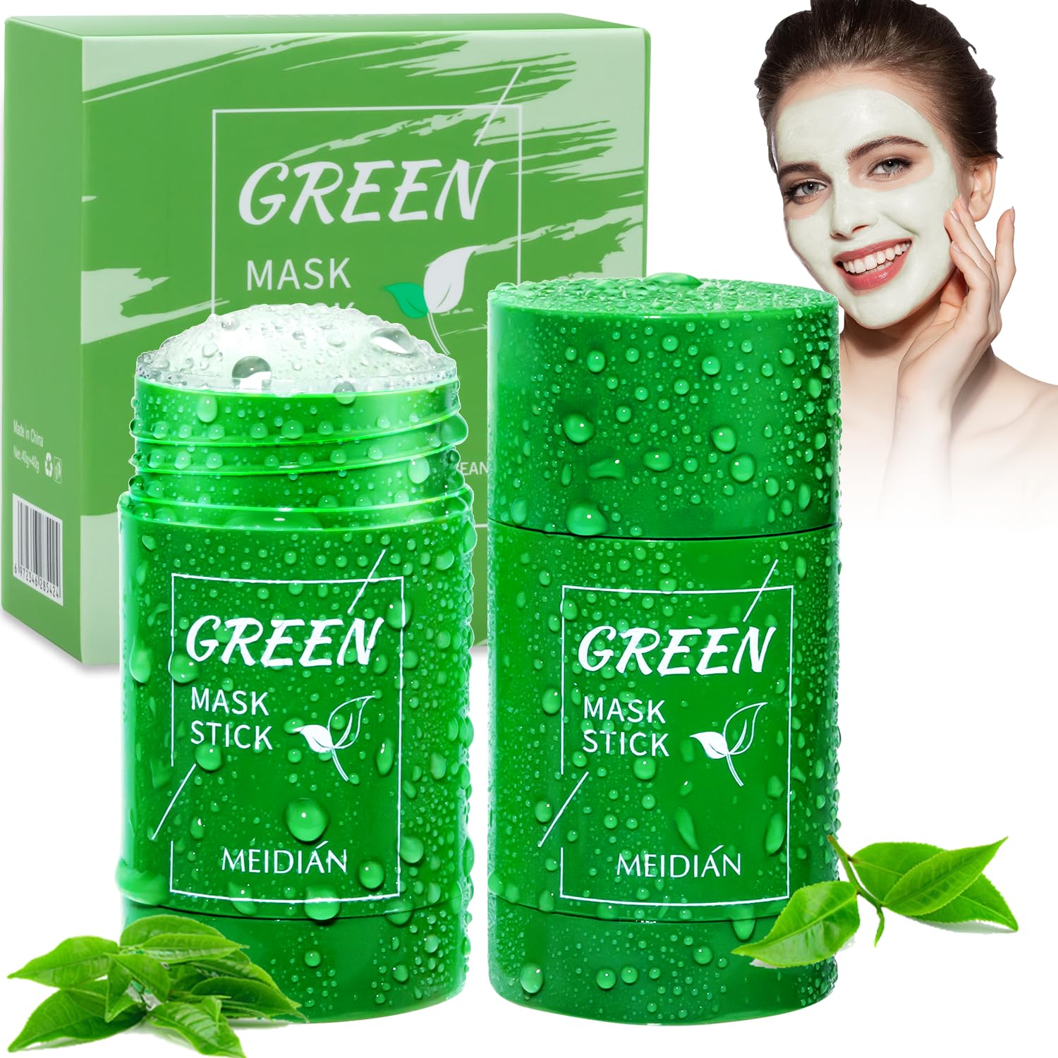 Green Tea Cleansing Mask Stick, Blackhead Remover with Green Tea Extract, Green Tea Mask Stick for Face Deep Pore Cleansing, Moisturizing, Oil Control, Skin Brightening for All Skin Types (2 Pack)