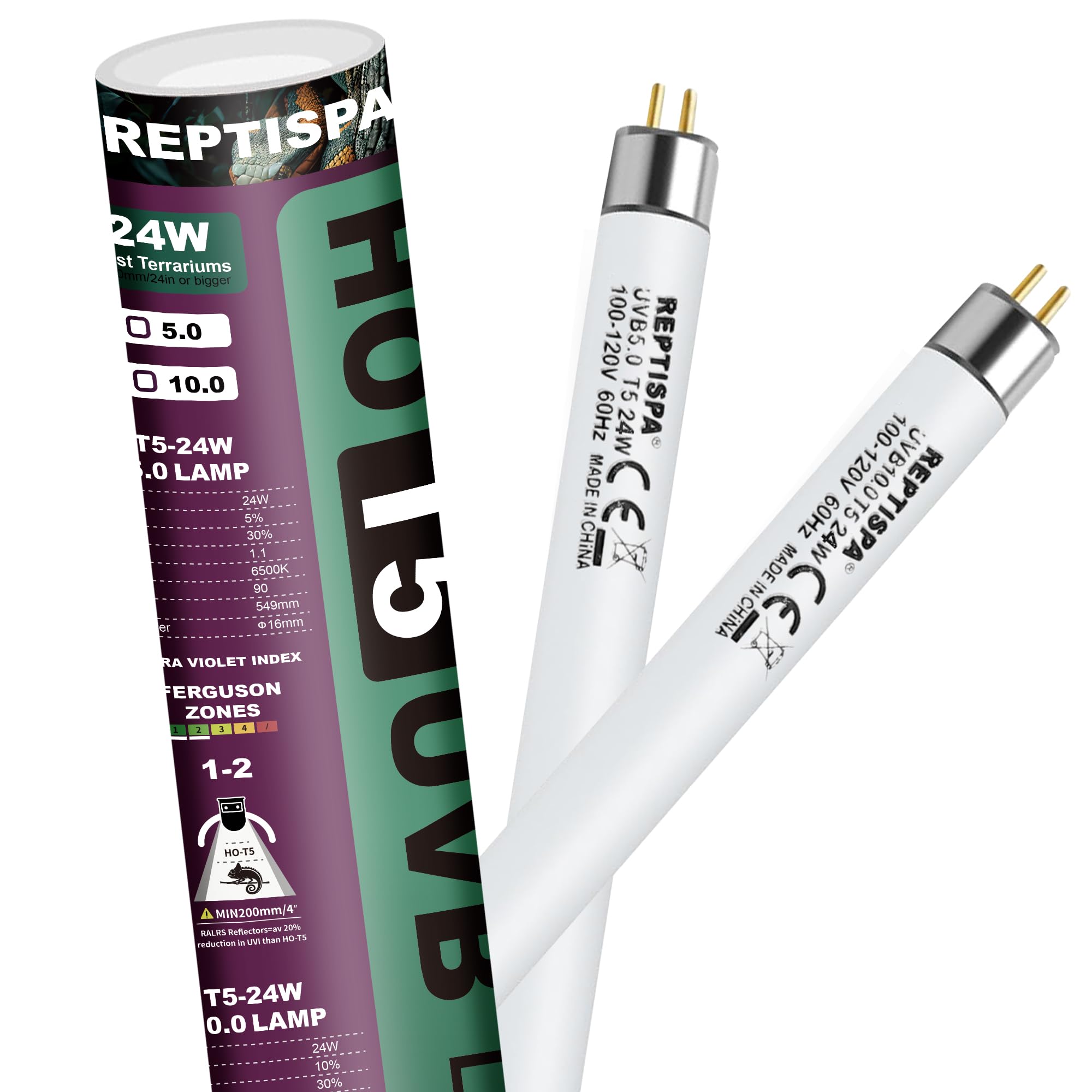 10.0 UVB Light for Reptiles, T5 HO 24 Watt Reptile Lamp Tube, Pack of 2 Fluorescent UVB Bulb, Basking Light for Bearded Dragon, Simulate Natural Sunlight for Reptiles and Amphibians