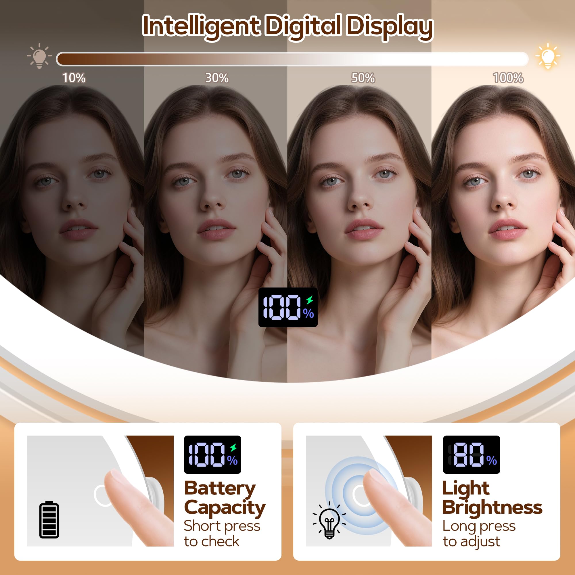 B Beauty Planet Espejo Maquillaje con Luz, 30X/1X Espejo Aumento con Luz, Doble Cara, Espejo de Maquillaje Iluminado Pinzas, 3 Modos de Color con Brillo y Altura Ajustable (Blanco)